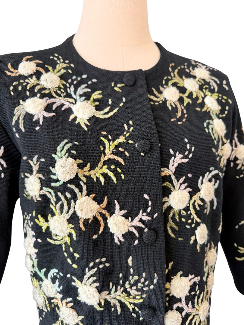 Hutzler Brothers Co. Black Wool Cardigan with Embroidered Puff Flowers