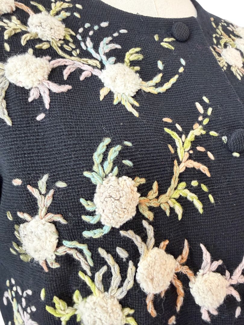 Hutzler Brothers Co. Black Wool Cardigan with Embroidered Puff Flowers