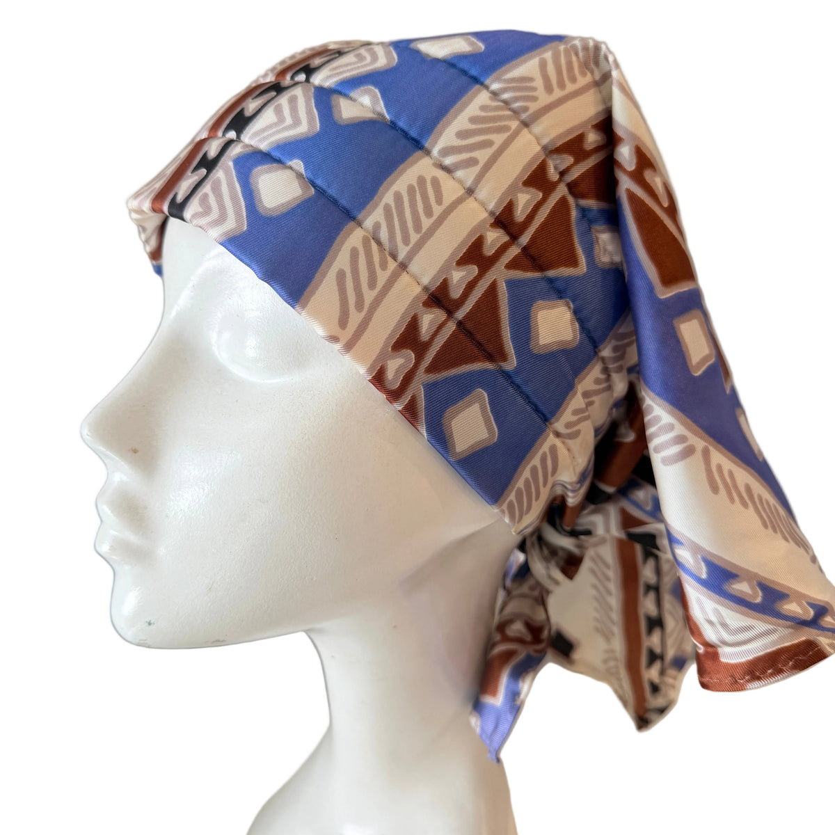 1960s Silk Geometric Print Quilted Face Head Wrap