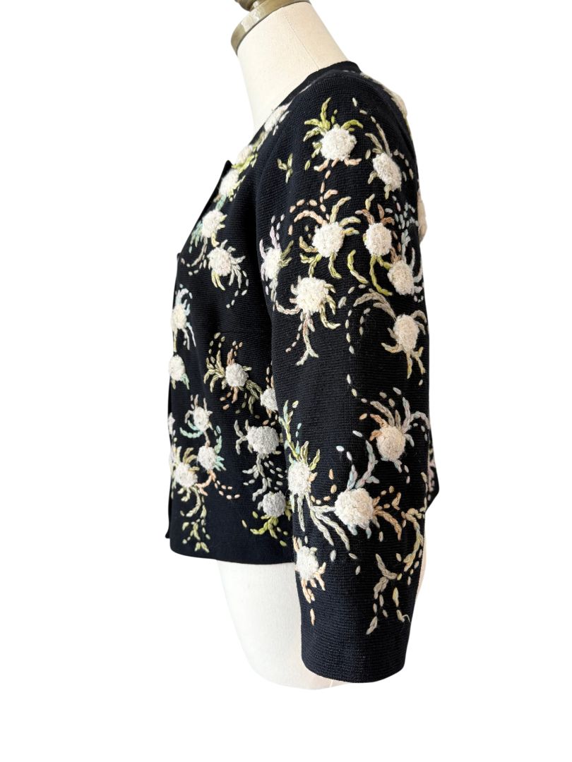 Hutzler Brothers Co. Black Wool Cardigan with Embroidered Puff Flowers