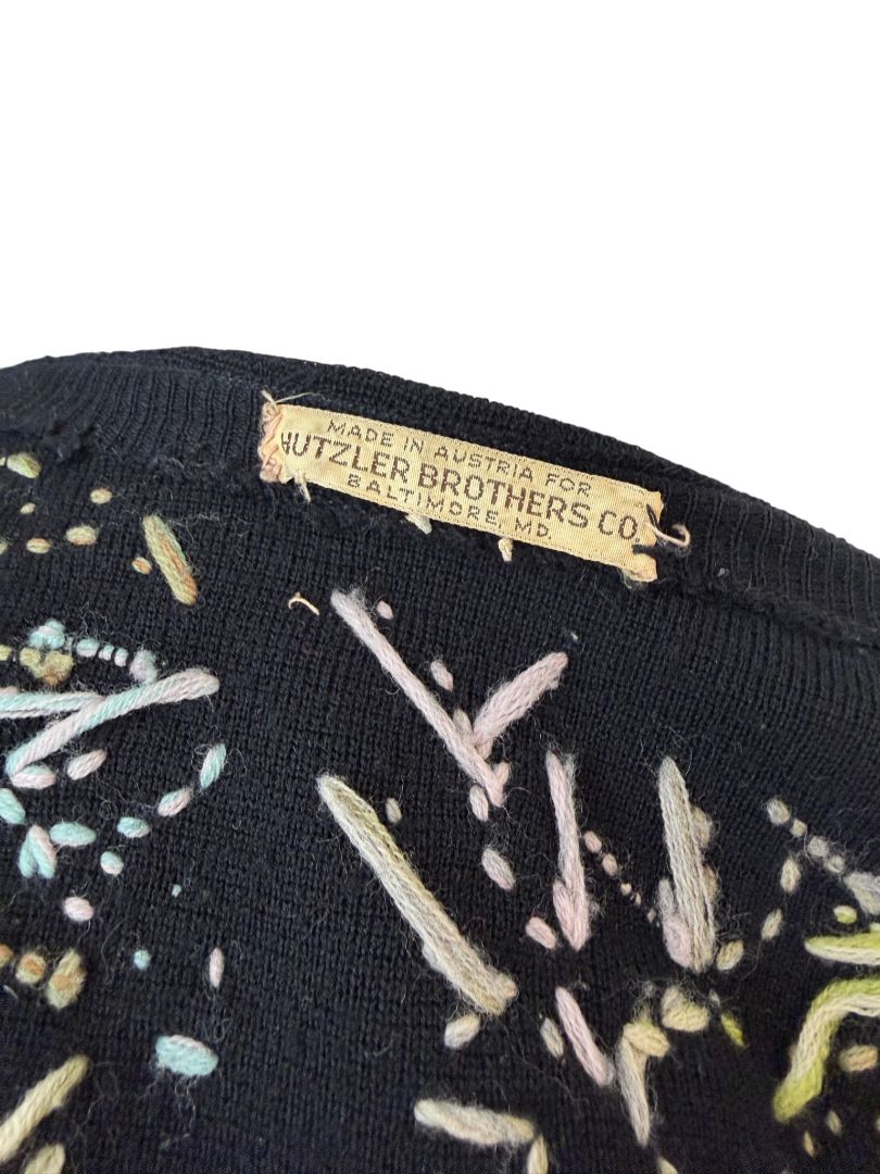 Hutzler Brothers Co. Black Wool Cardigan with Embroidered Puff Flowers