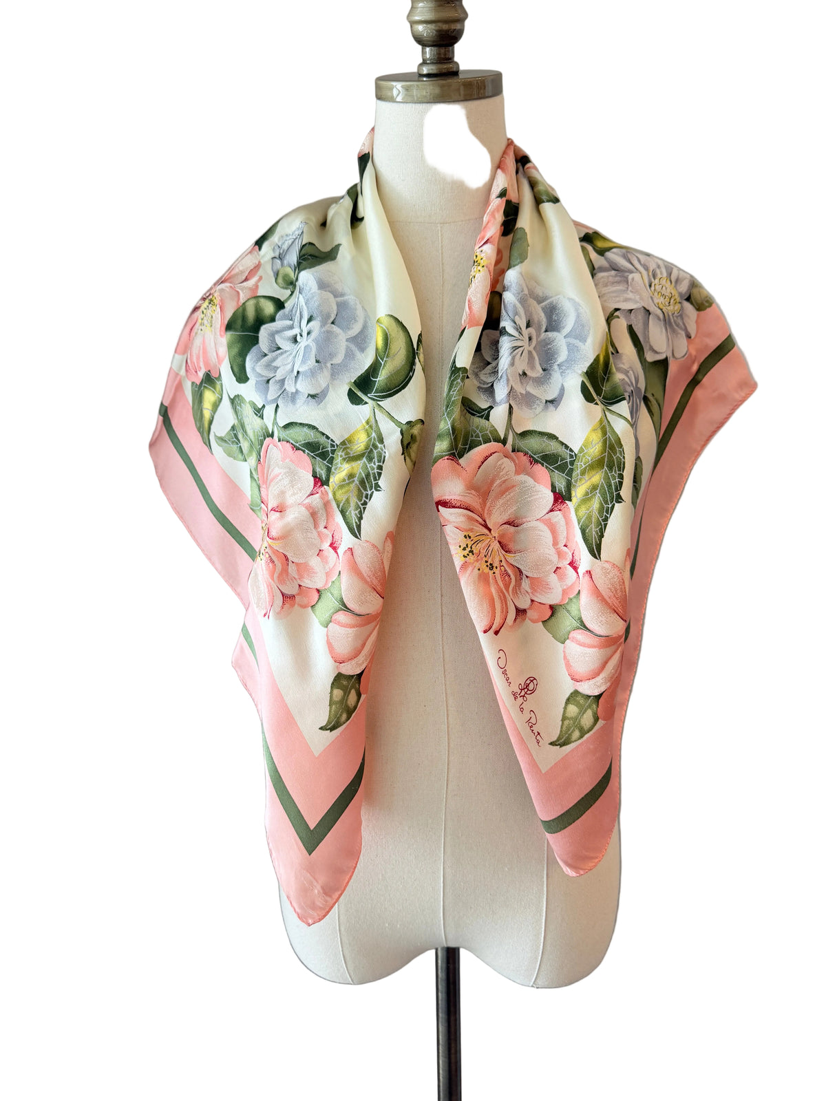 1980s Oscar de la Renta Silk Floral Scarf with Hand-Painted Petals
