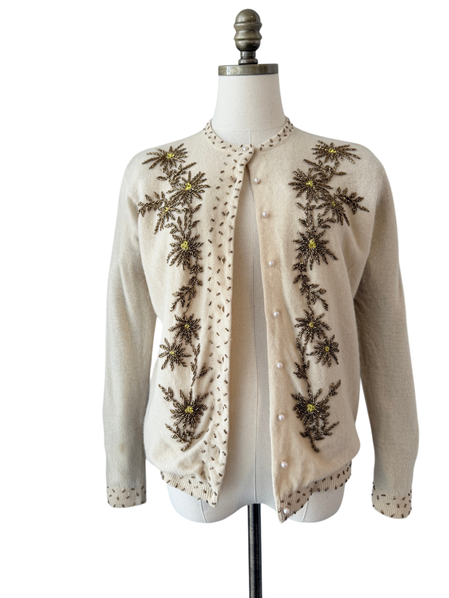 1950s Floral Beaded Wool Button-Front Cardigan