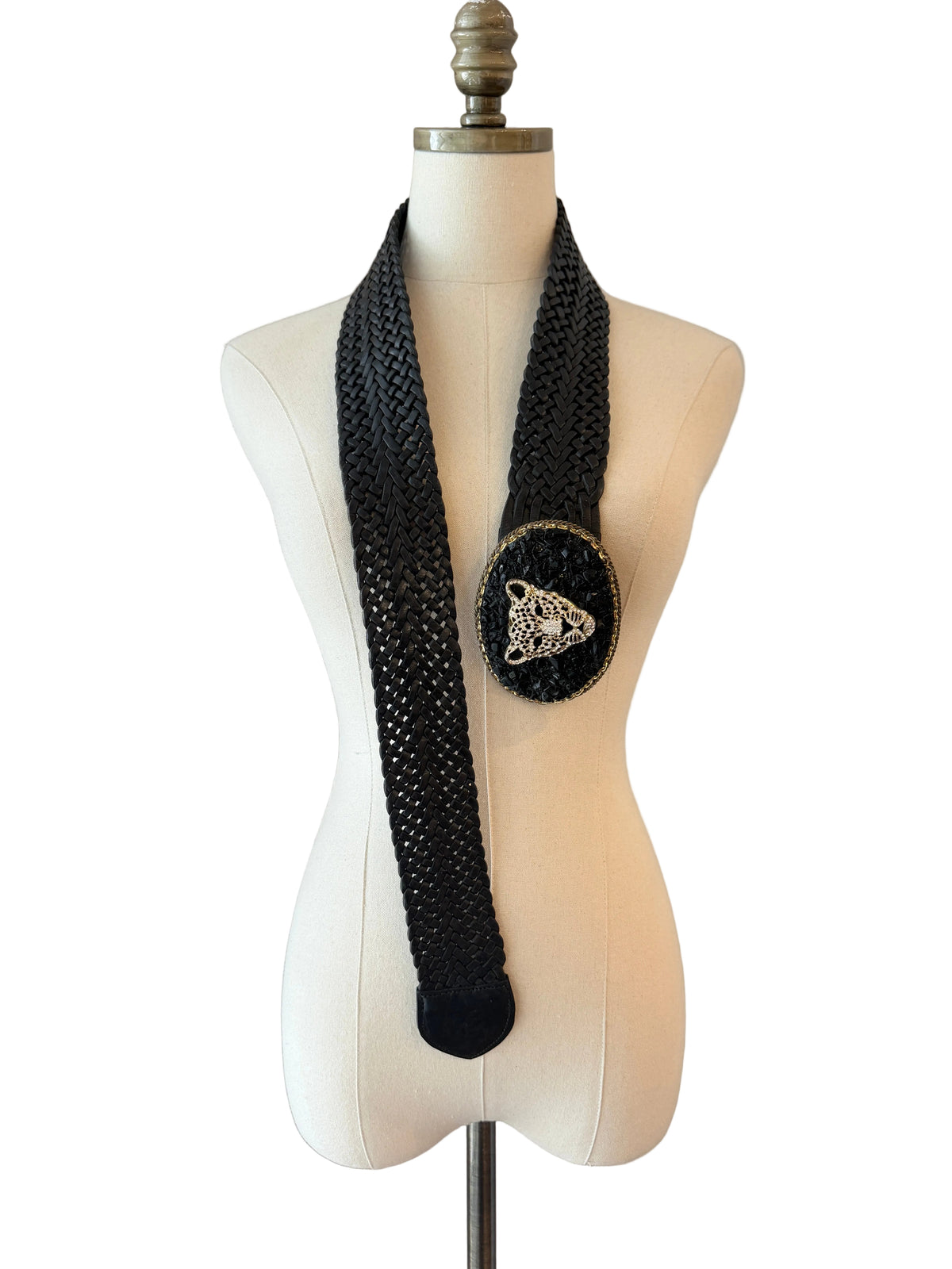 1990s Lauren Hampton Black Woven Leather Belt with Cheetah Buckle