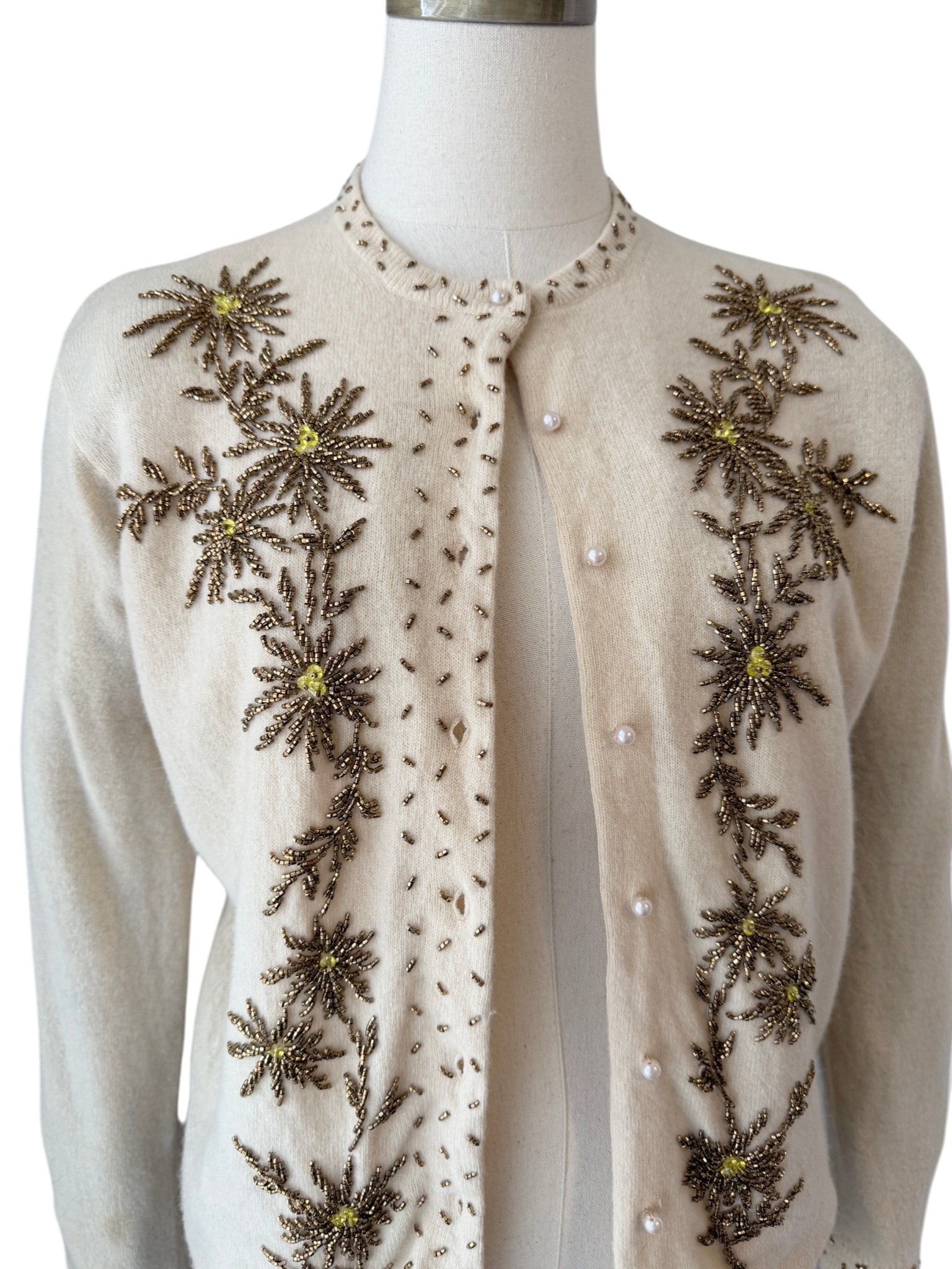 1950s Floral Beaded Wool Button-Front Cardigan