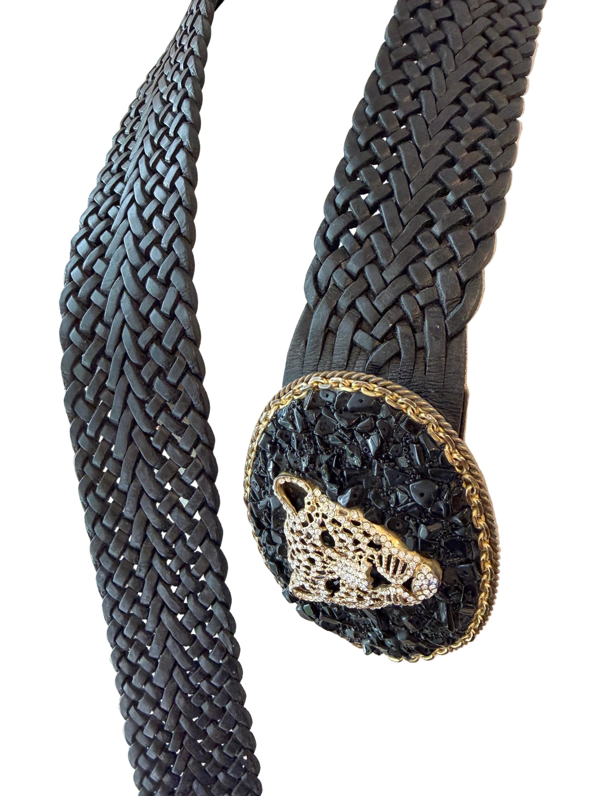 1990s Lauren Hampton Black Woven Leather Belt with Cheetah Buckle