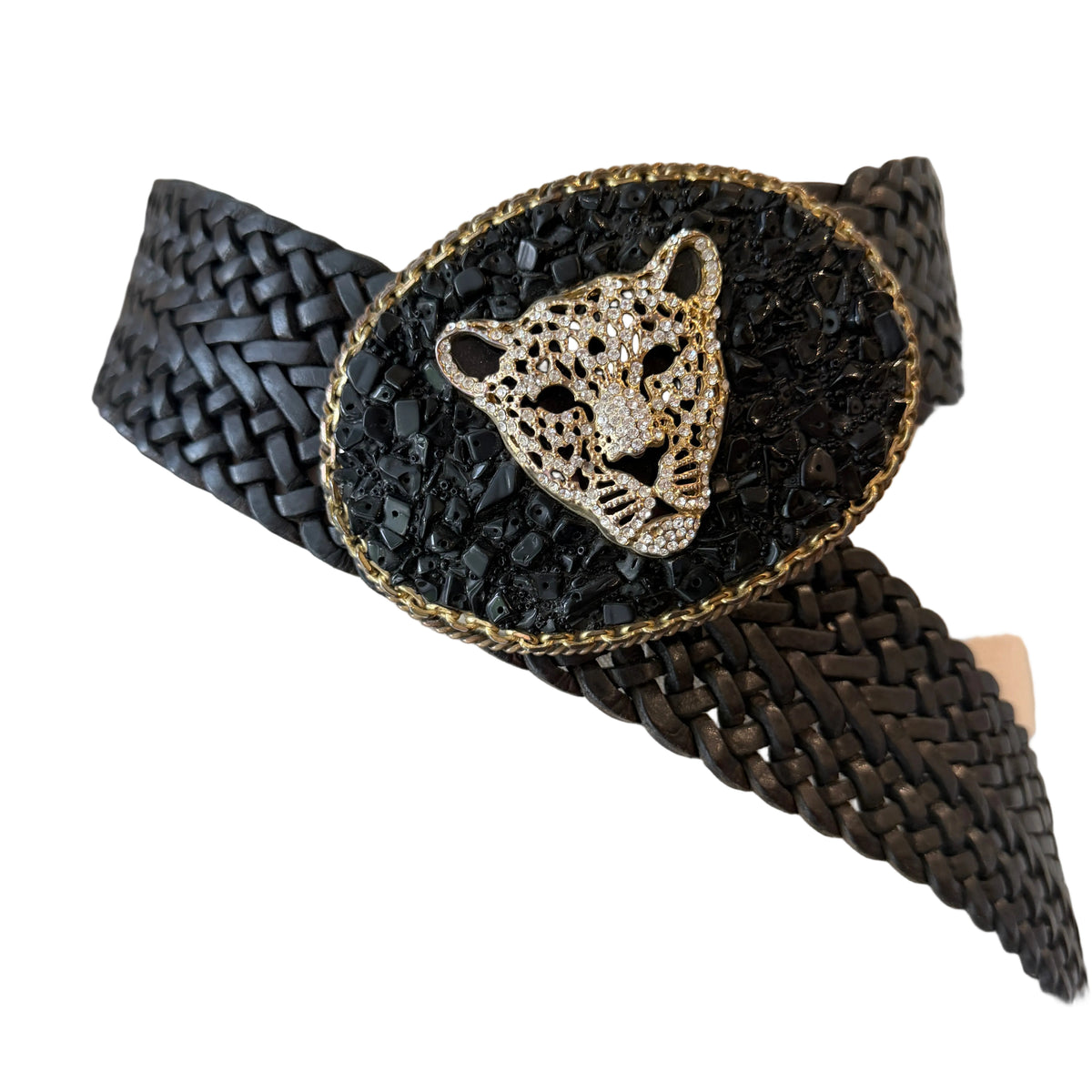 1990s Lauren Hampton Black Woven Leather Belt with Cheetah Buckle