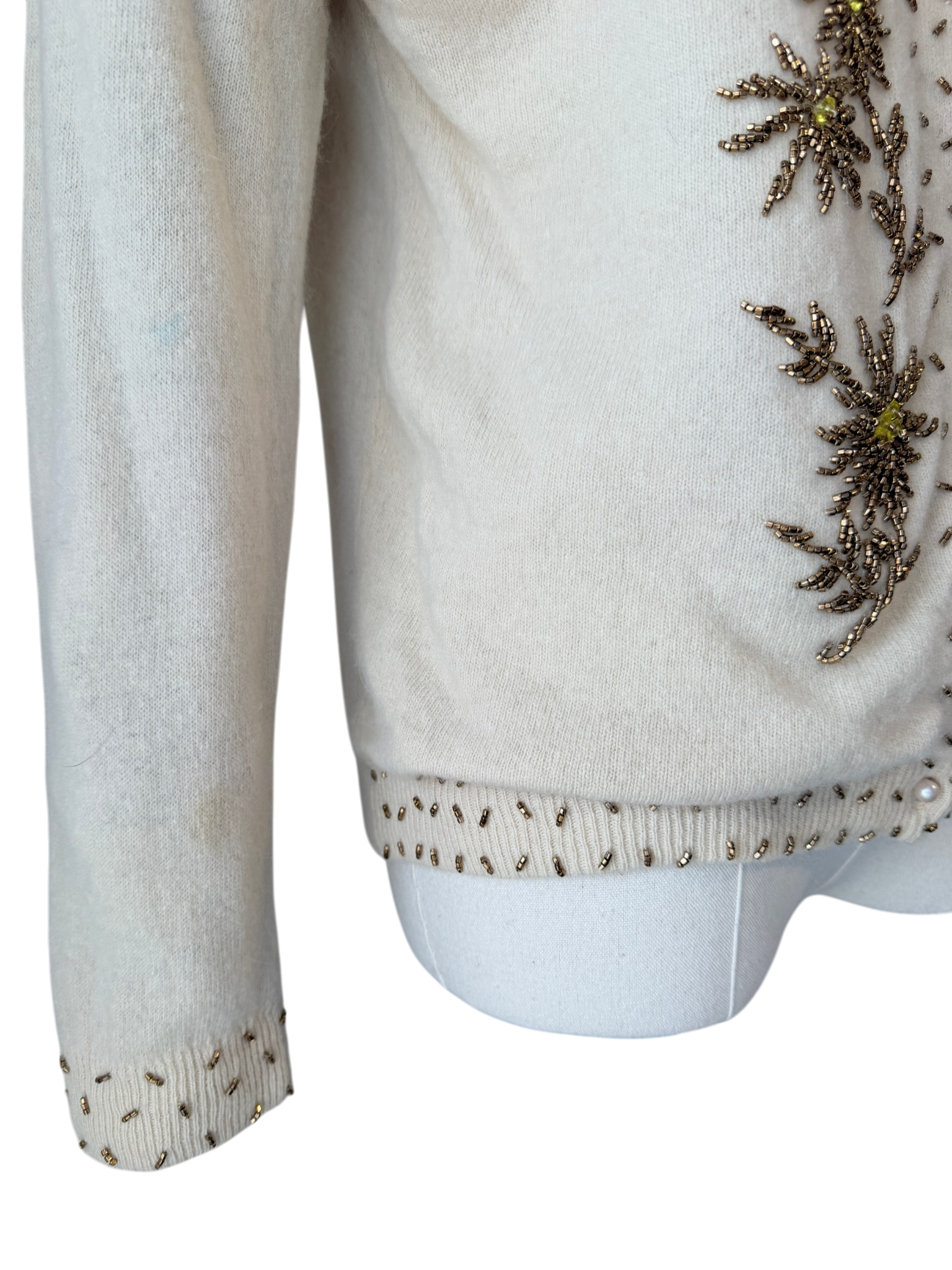 1950s Floral Beaded Wool Button-Front Cardigan