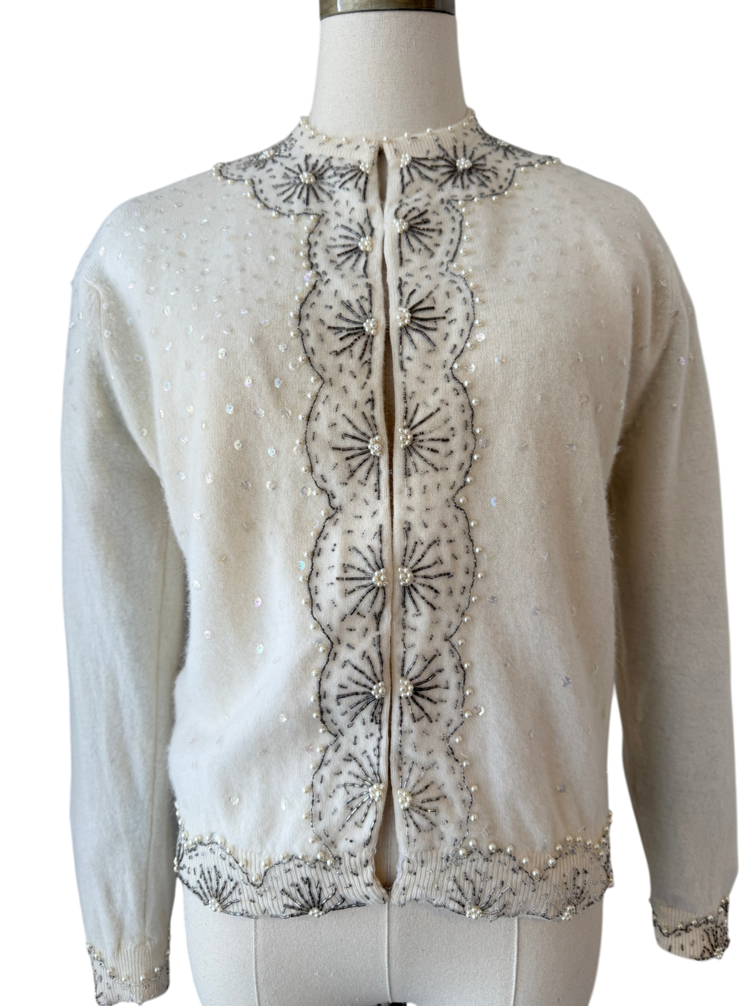 1950s Cyn Les Ivory Button-Front Cardigan with Silver Starburst Beading