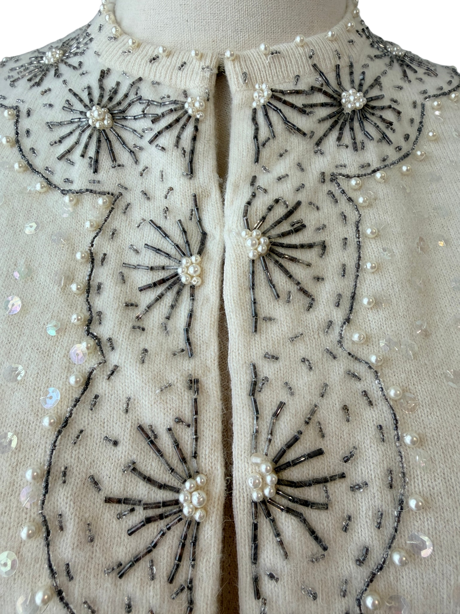 1950s Cyn Les Ivory Button-Front Cardigan with Silver Starburst Beading
