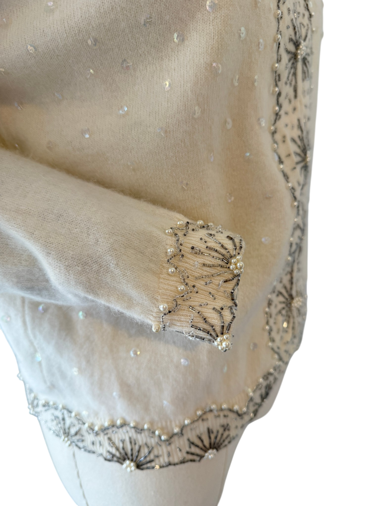 1950s Cyn Les Ivory Button-Front Cardigan with Silver Starburst Beading