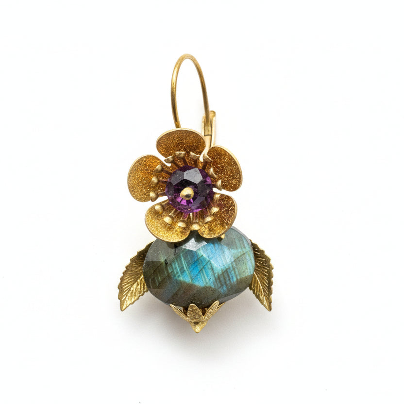 Brass Floral Earrings with Amethyst Center & Labradorite Drops