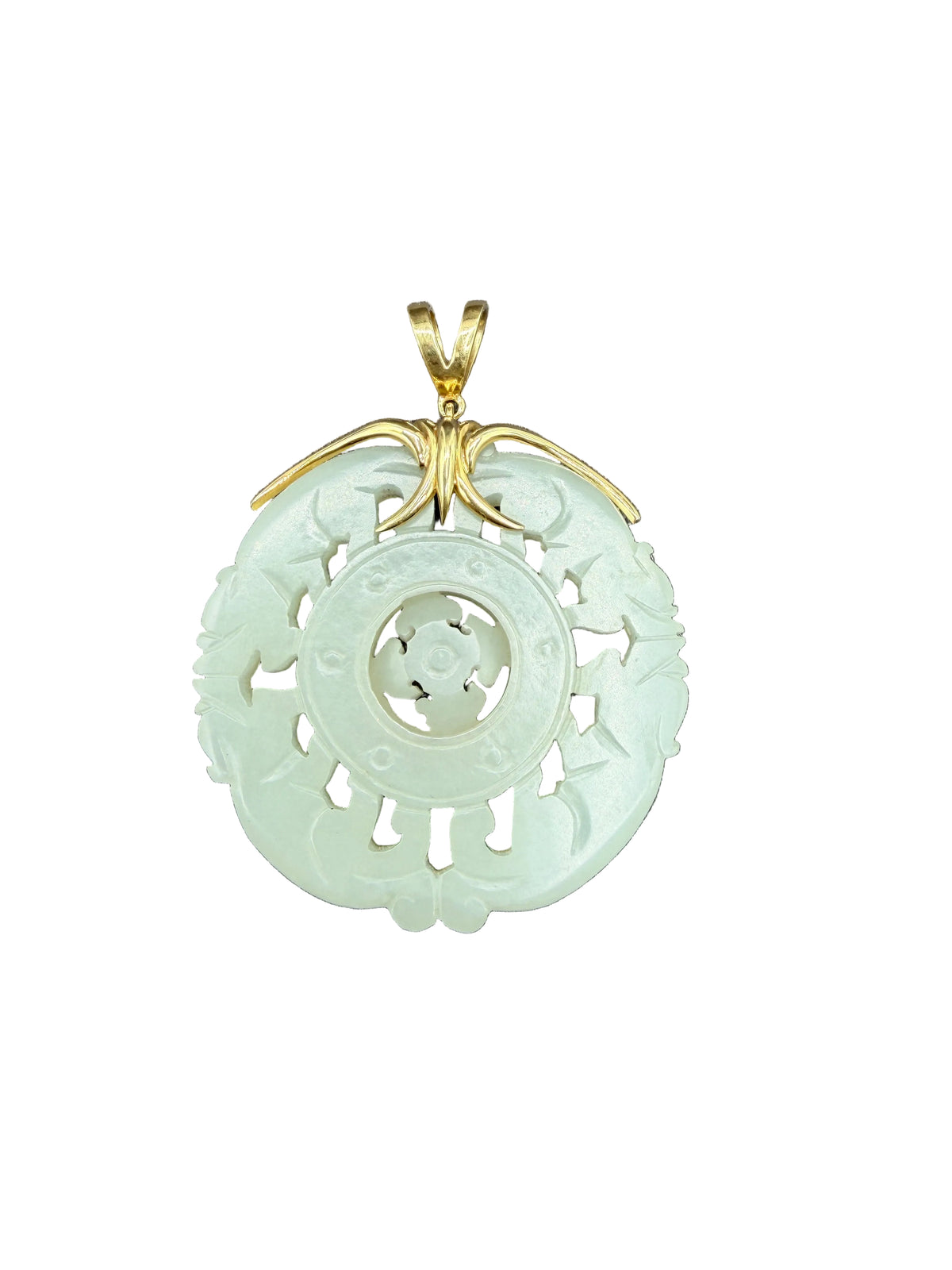 Chinese Carved Nephrite Jade Bagua Pendant in 18K Yellow Gold with Floating Center