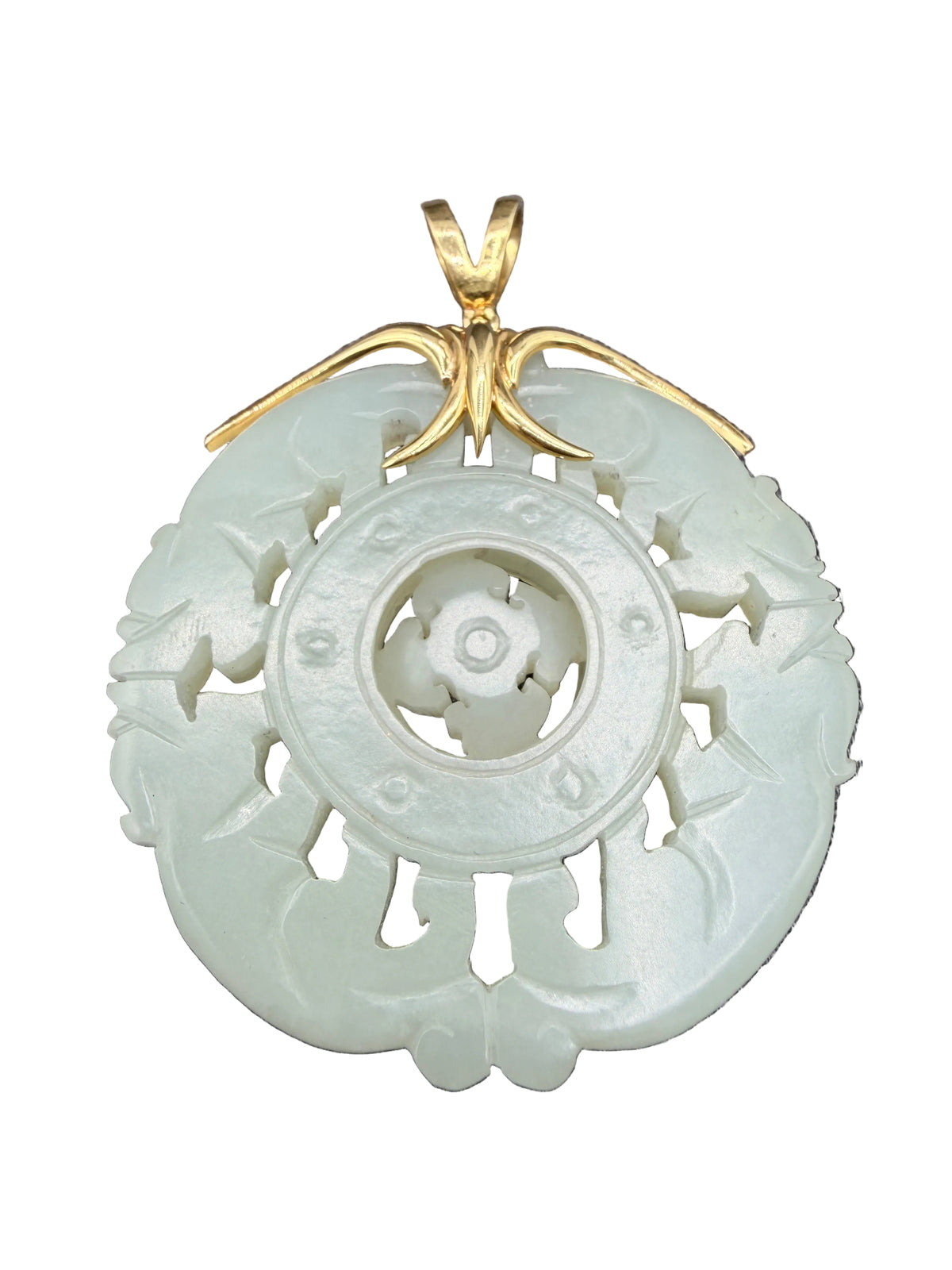 Chinese Carved Nephrite Jade Bagua Pendant in 18K Yellow Gold with Floating Center