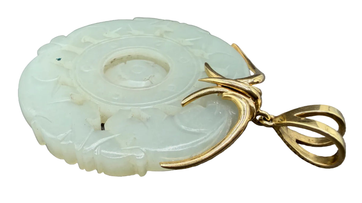 Chinese Carved Nephrite Jade Bagua Pendant in 18K Yellow Gold with Floating Center
