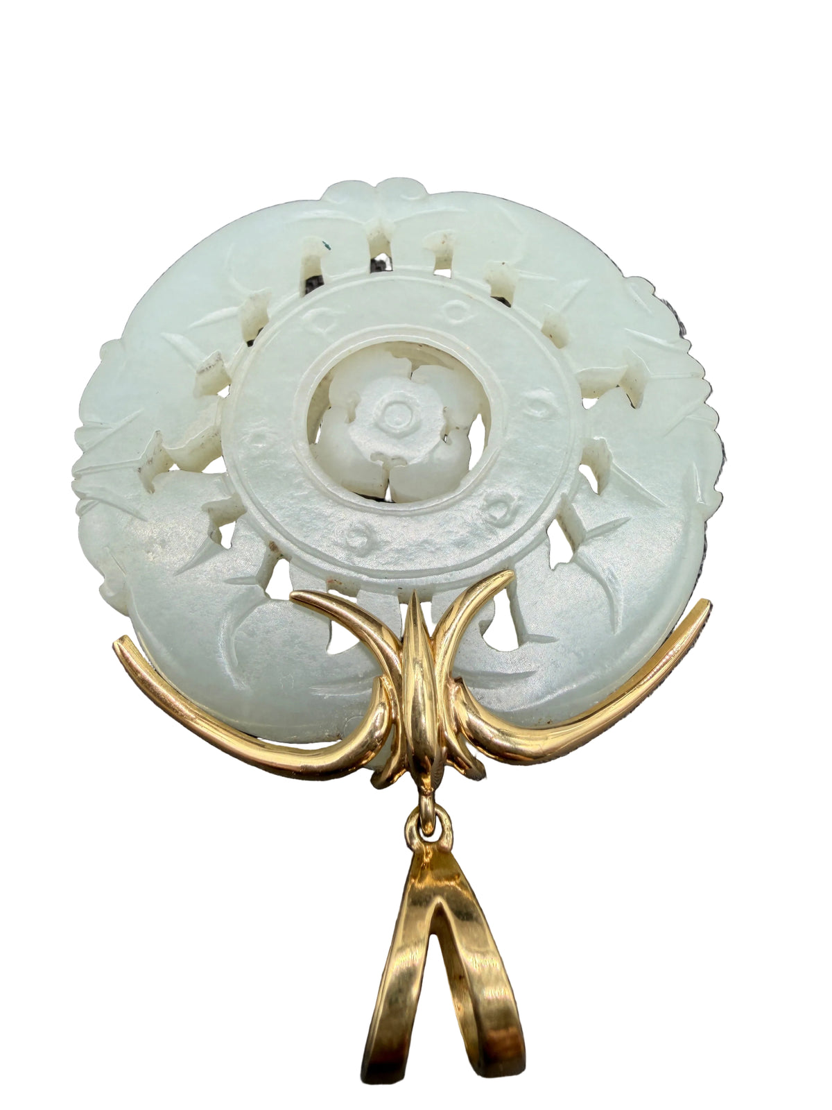 Chinese Carved Nephrite Jade Bagua Pendant in 18K Yellow Gold with Floating Center