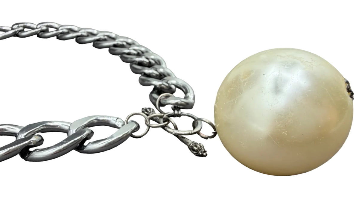 1990s Gunmetal Chunky Chain Necklace with Oversized Faux Pearl Pendant