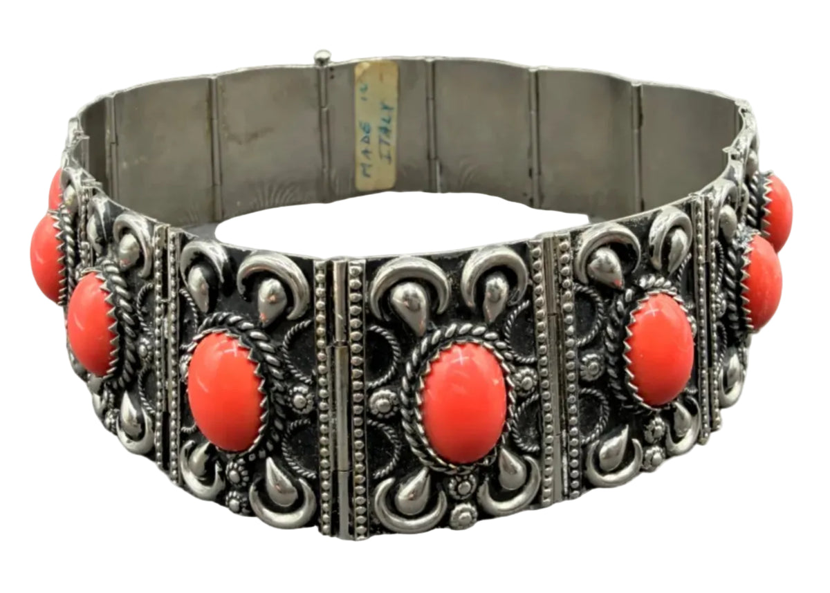 1950s Etruscan Revival Silver-tone Panel Choker with Coral Cabochons