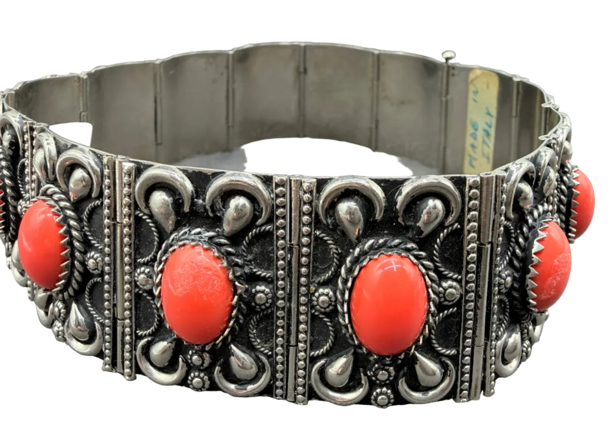 1950s Etruscan Revival Silver-tone Panel Choker with Coral Cabochons