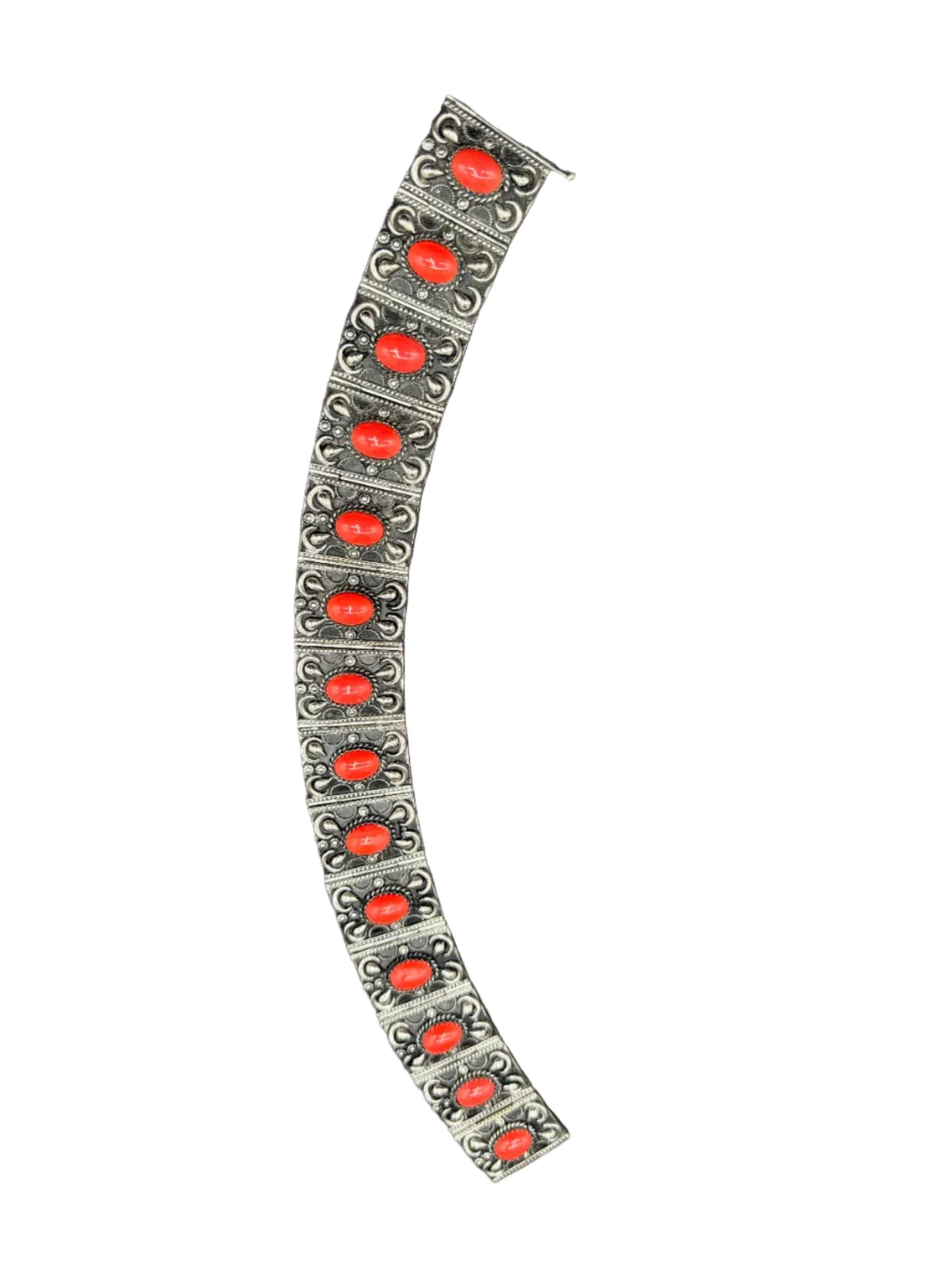 1950s Etruscan Revival Silver-tone Panel Choker with Coral Cabochons
