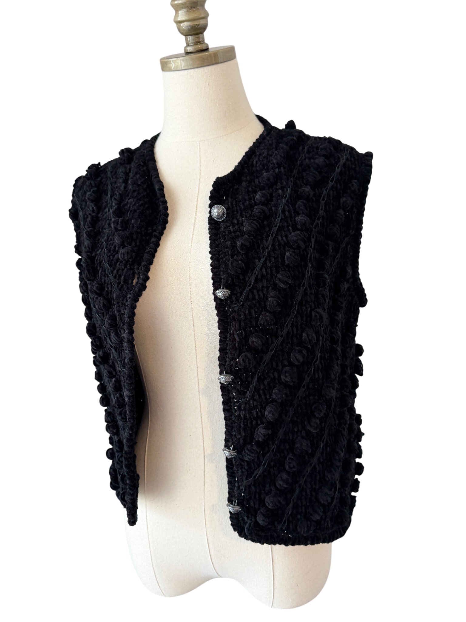 1970s Loden-Frey Black Chenille Knit Vest with Suede Woven Detail