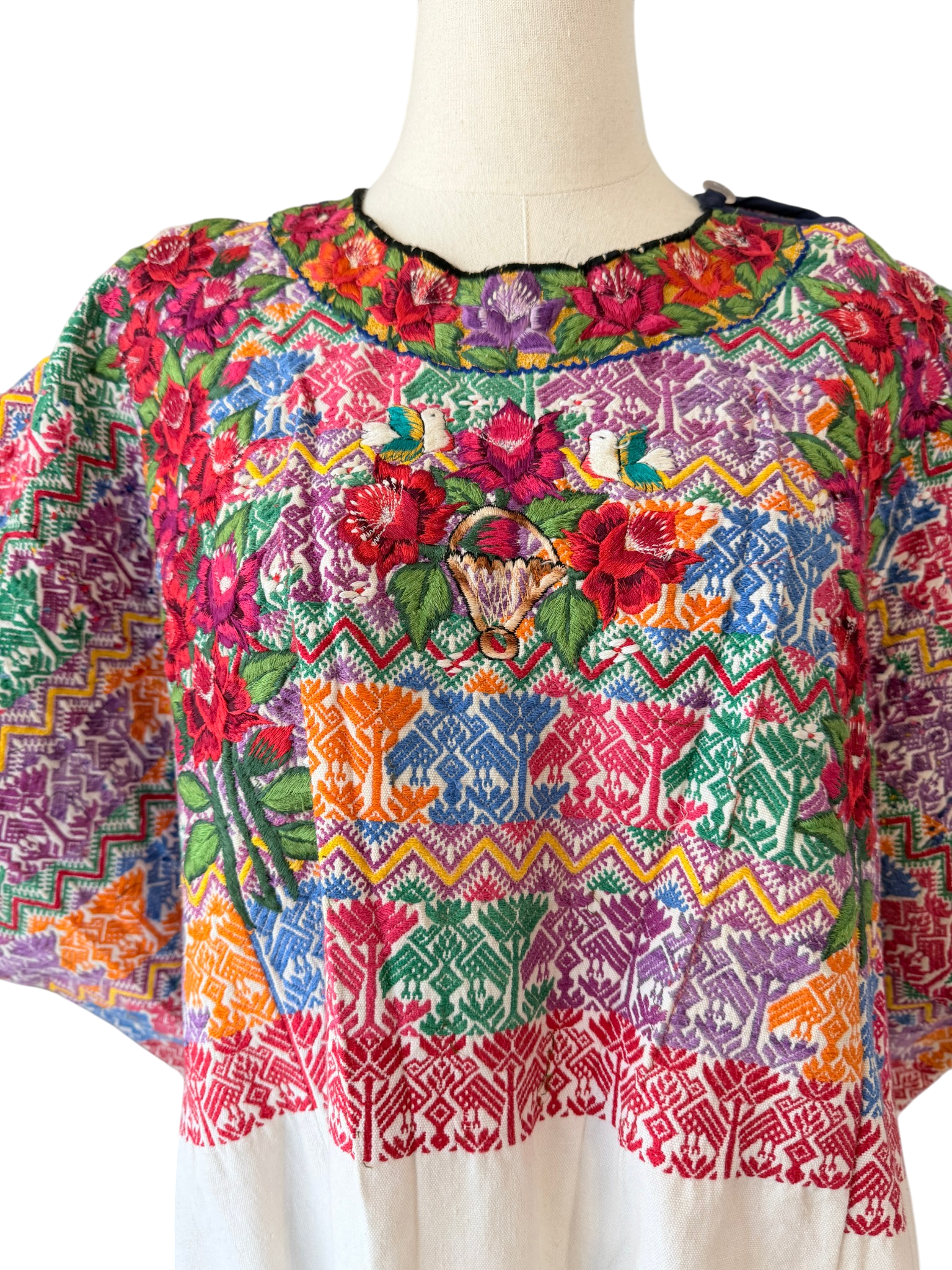 1960s Handmade Oaxacan Huipil Poncho with Floral Embroidery