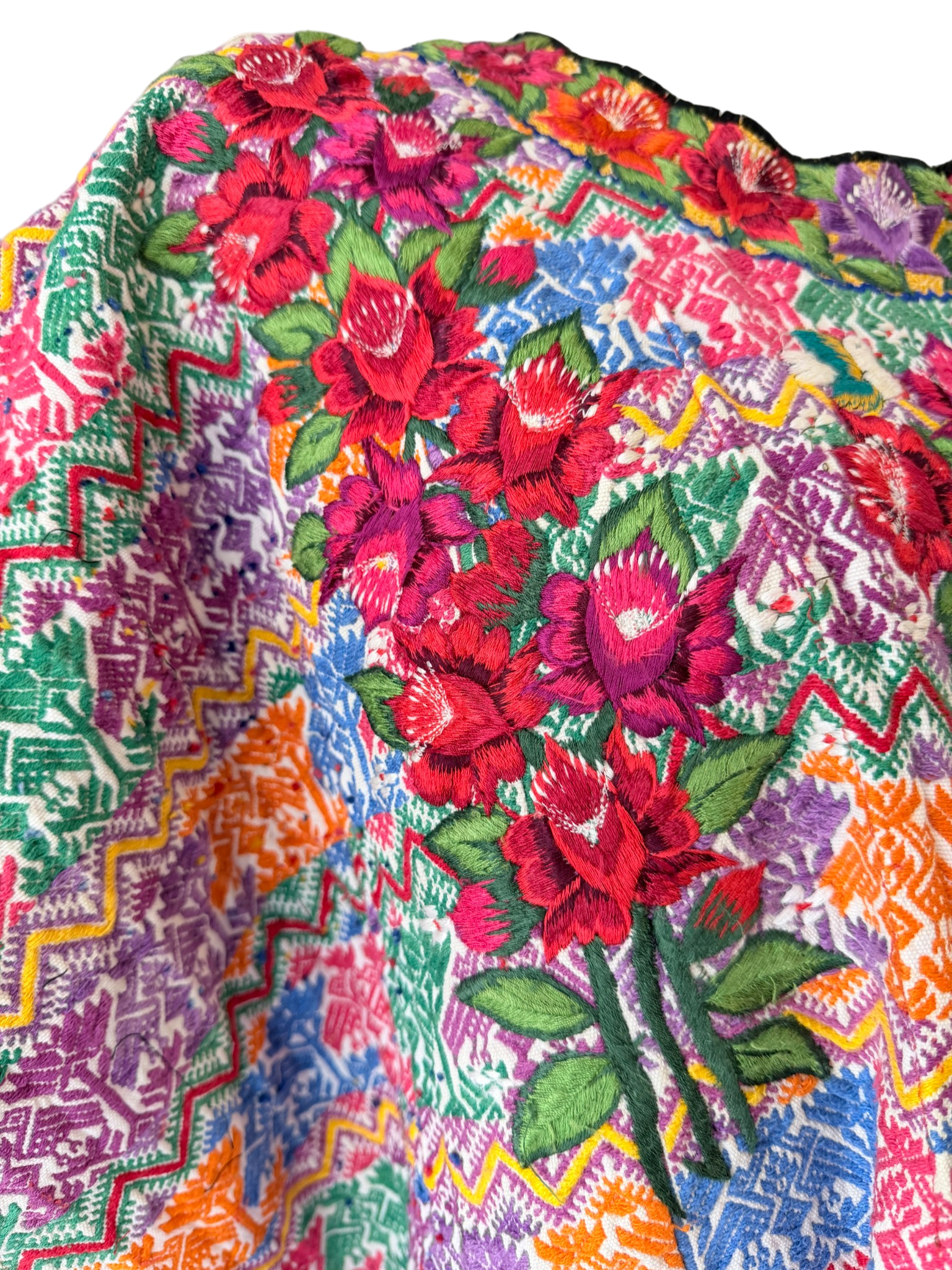 1960s Handmade Oaxacan Huipil Poncho with Floral Embroidery