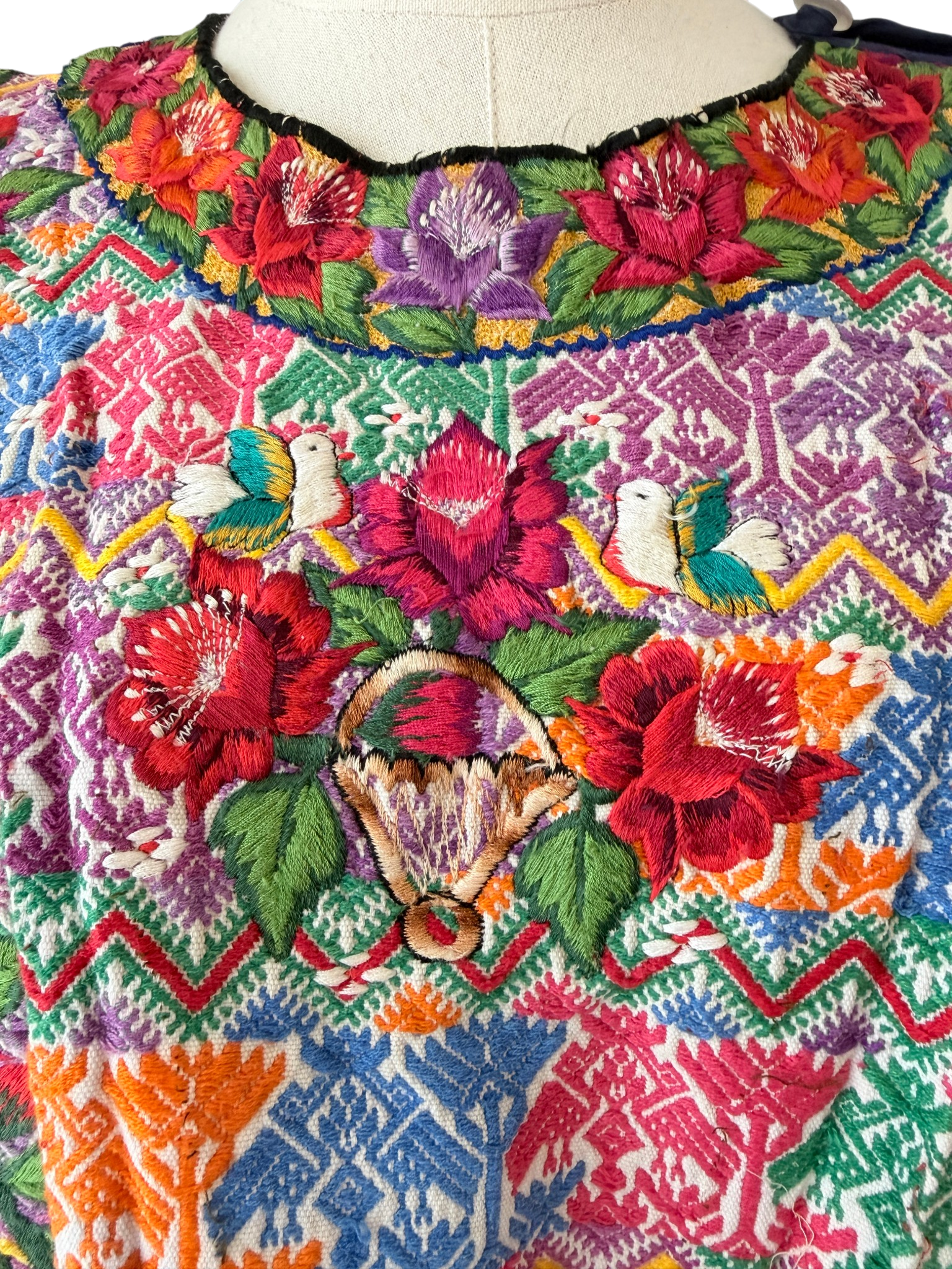 1960s Handmade Oaxacan Huipil Poncho with Floral Embroidery
