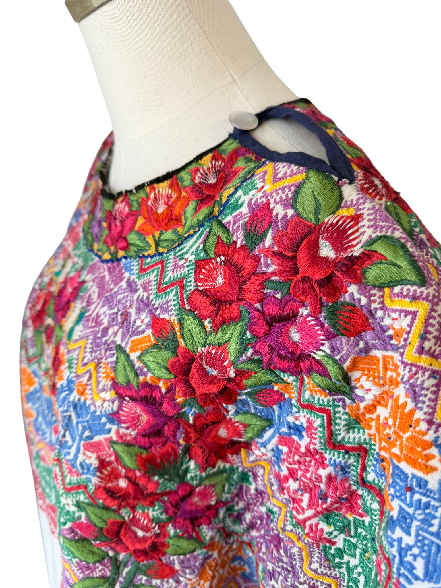 1960s Handmade Oaxacan Huipil Poncho with Floral Embroidery