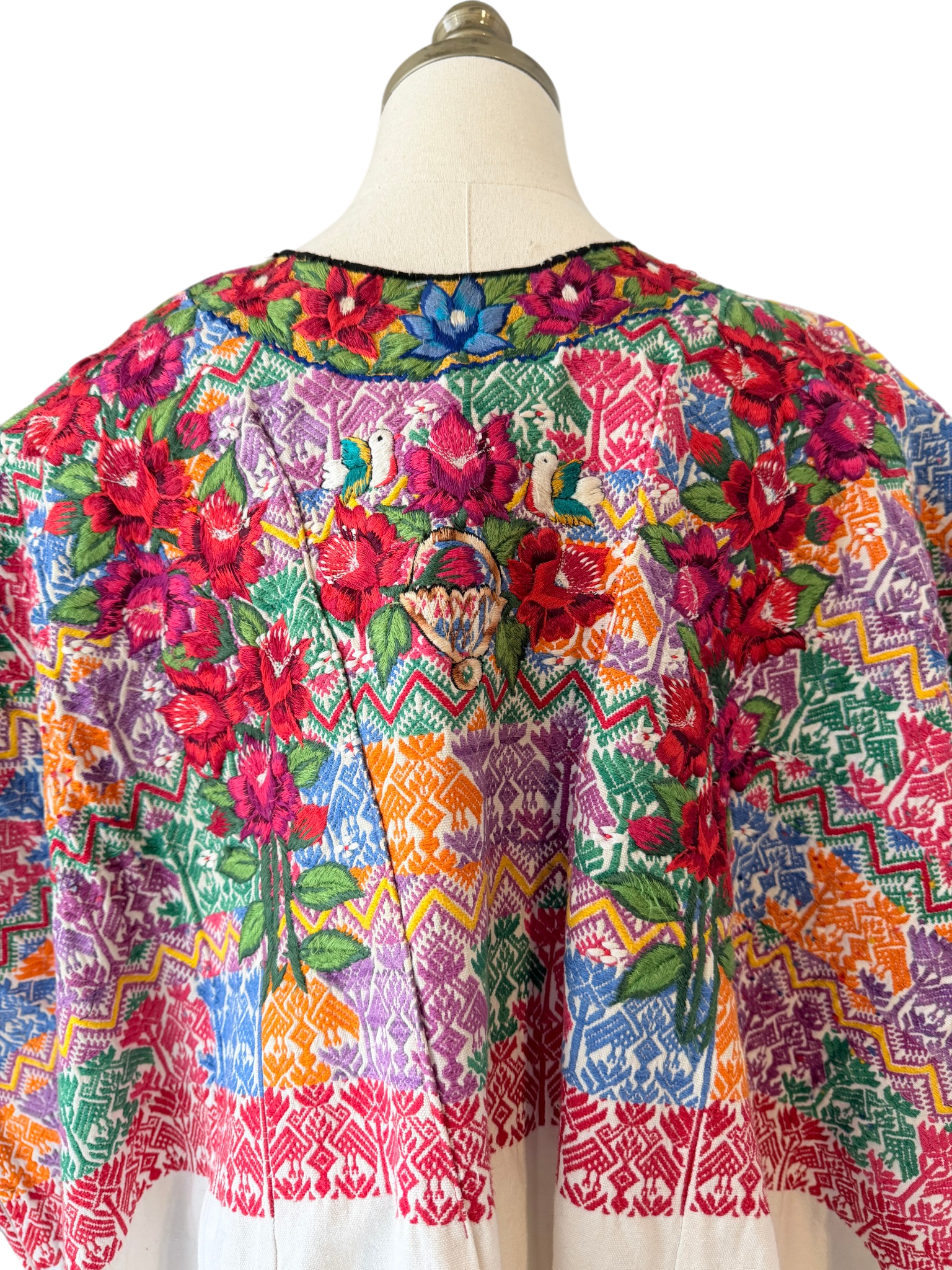 1960s Handmade Oaxacan Huipil Poncho with Floral Embroidery