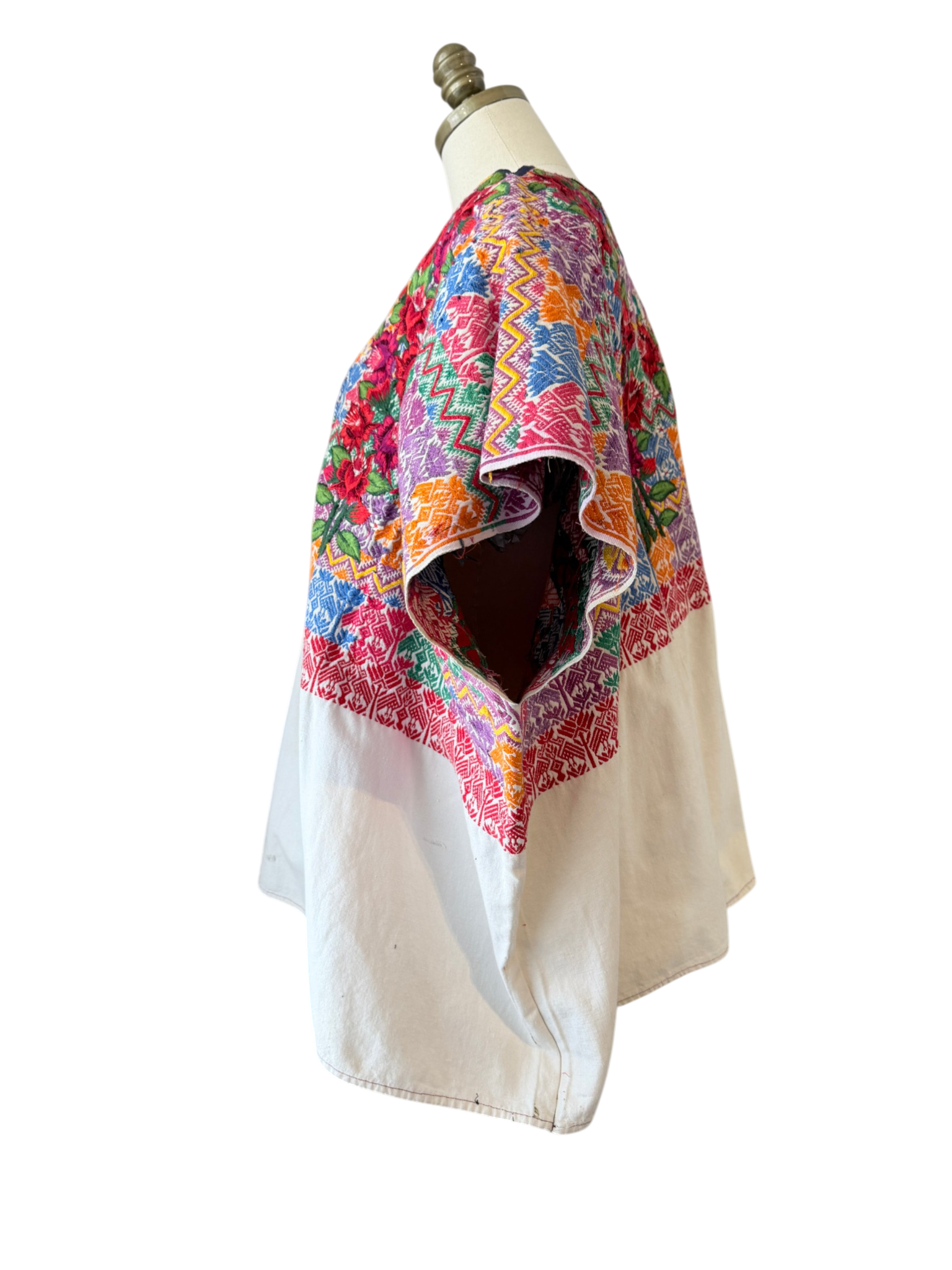 1960s Handmade Oaxacan Huipil Poncho with Floral Embroidery