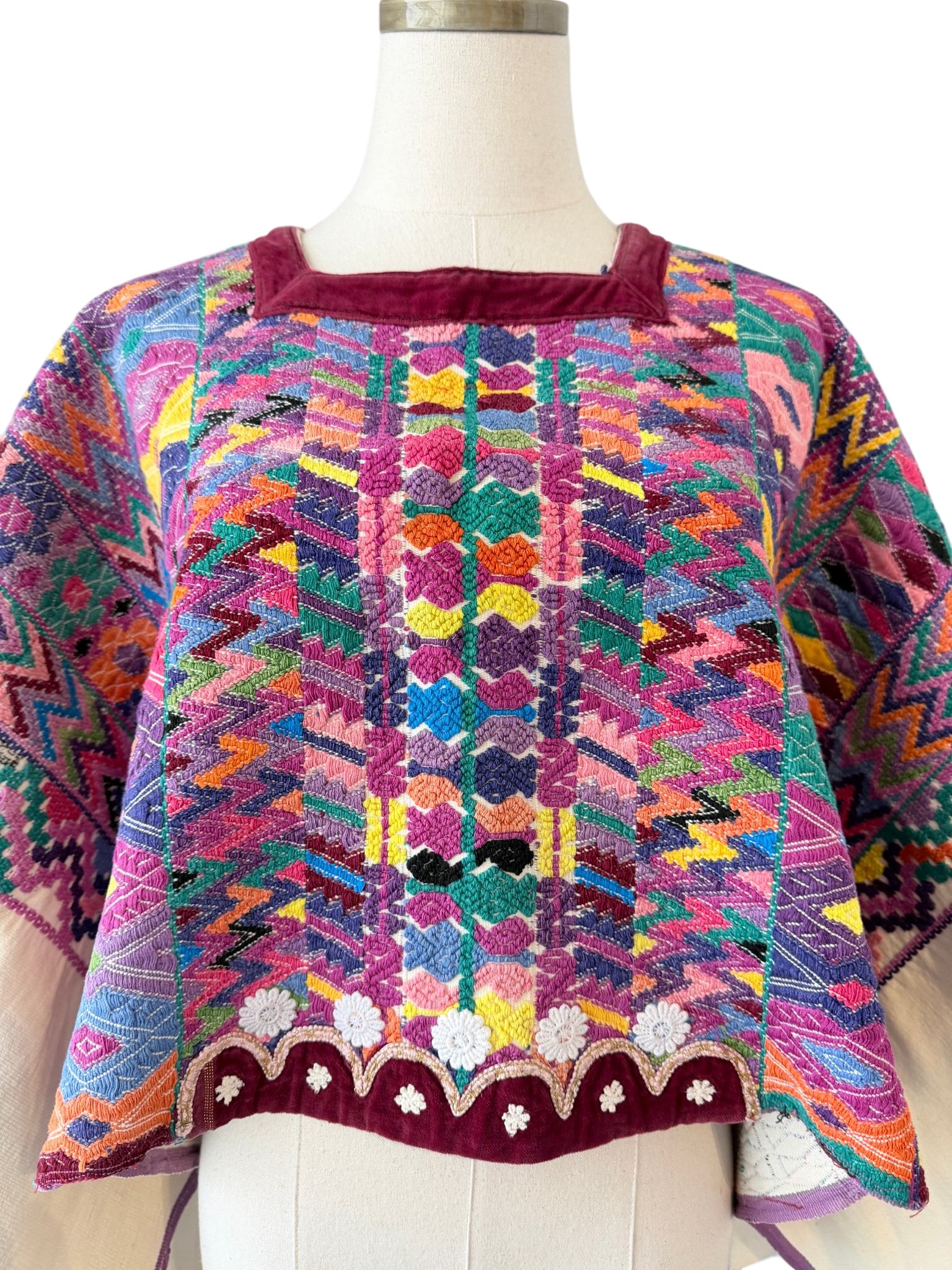 1960s Authentic Mayan Huipil Handwoven Poncho with Velvet Trim