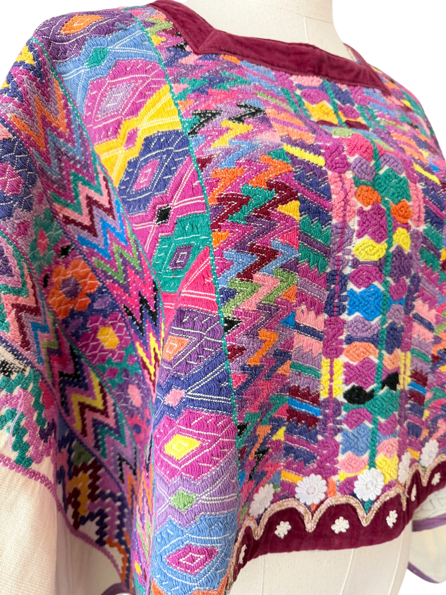 1960s Authentic Mayan Huipil Handwoven Poncho with Velvet Trim