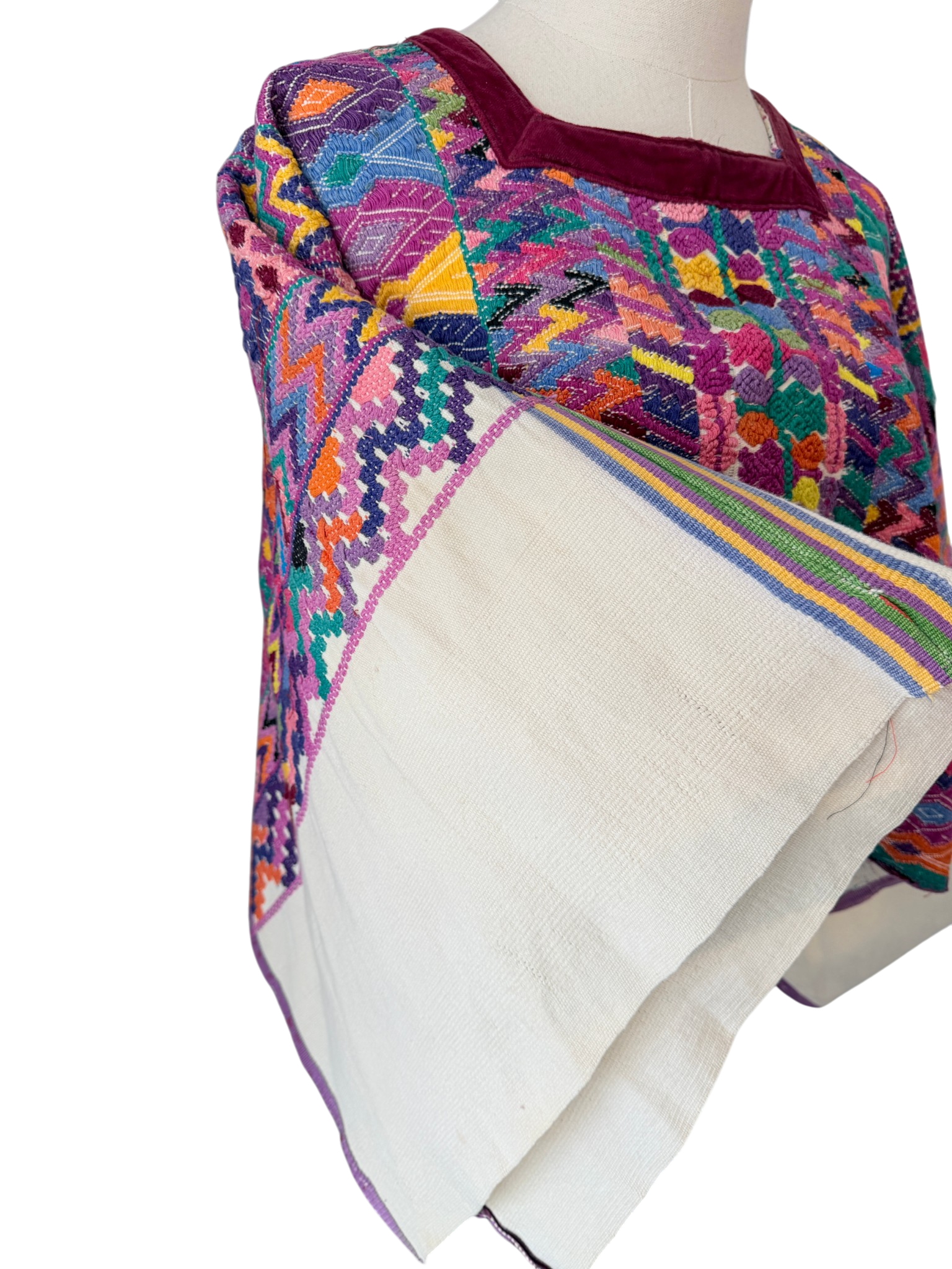 1960s Authentic Mayan Huipil Handwoven Poncho with Velvet Trim