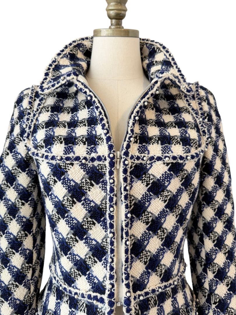 2006 Chanel Navy & White Gingham Cropped Wool Blazer with Pearl Trim