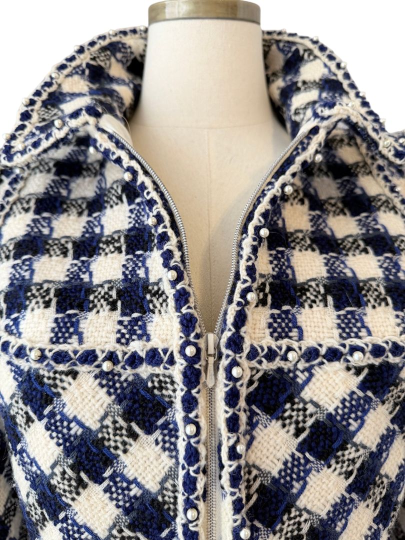 2006 Chanel Navy & White Gingham Cropped Wool Blazer with Pearl Trim