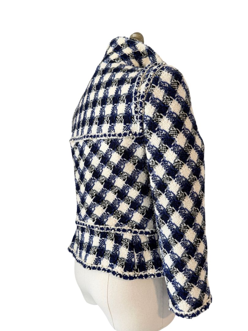 2006 Chanel Navy & White Gingham Cropped Wool Blazer with Pearl Trim
