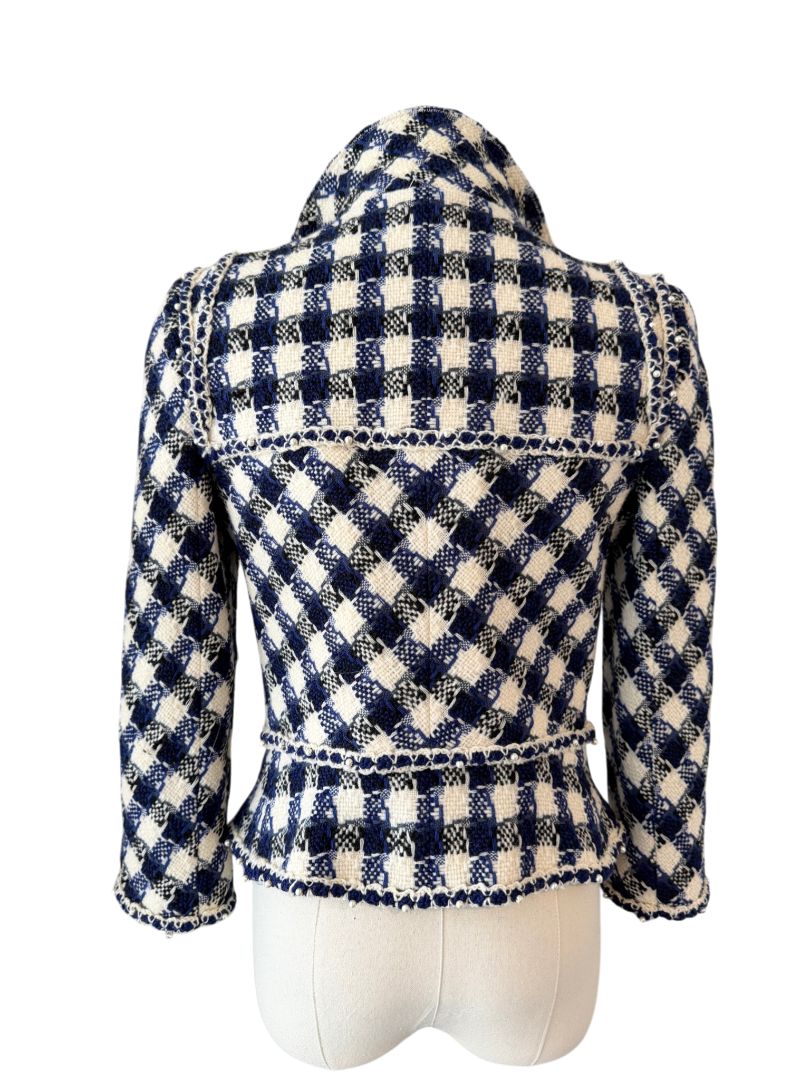 2006 Chanel Navy & White Gingham Cropped Wool Blazer with Pearl Trim