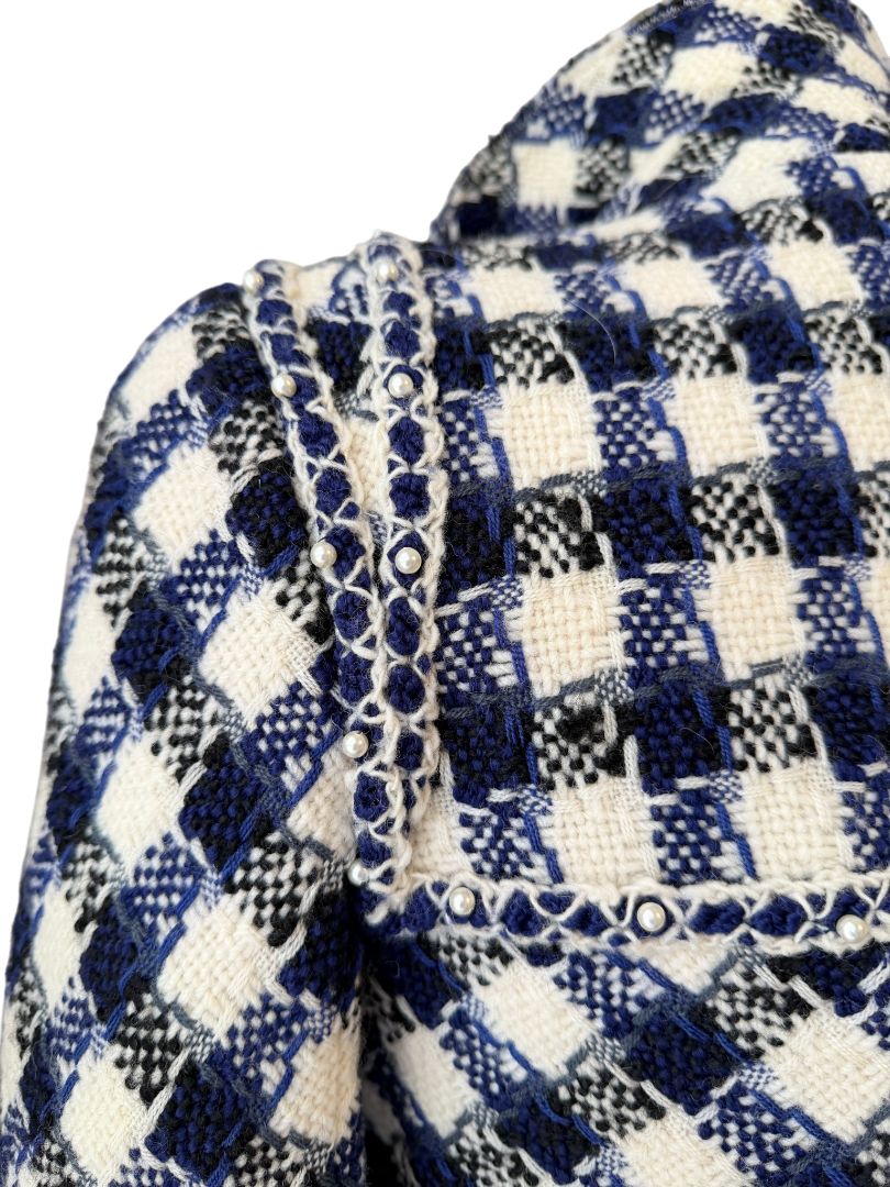 2006 Chanel Navy & White Gingham Cropped Wool Blazer with Pearl Trim