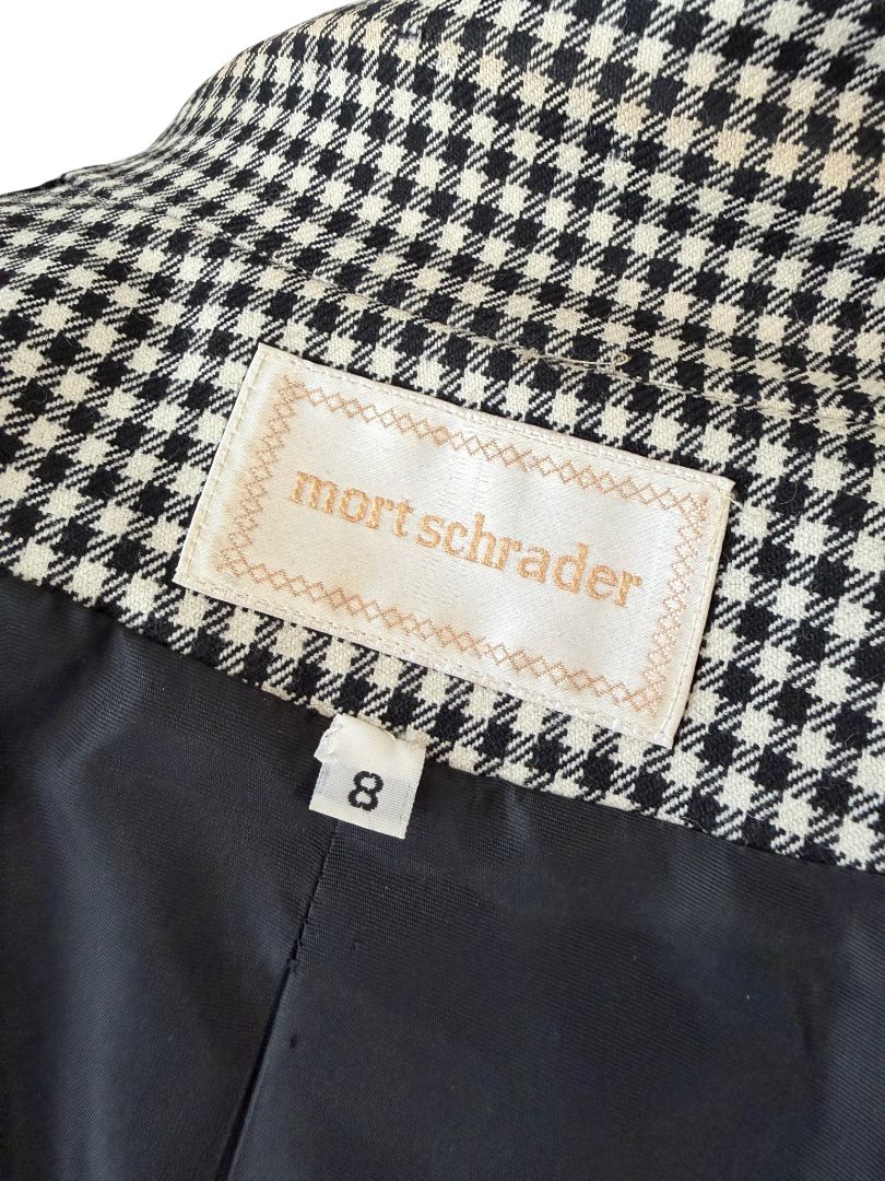 1980s Mort Schrader Black & White Plaid Cropped Blazer with Velvet Collar