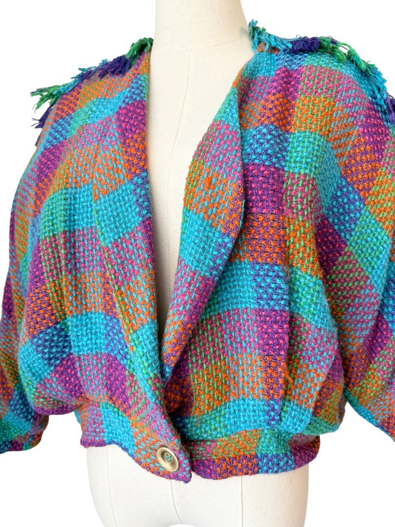 1980s Stijfselkissie by Marijke Benedict Colorful Tweed Cropped Blazer with Fringe