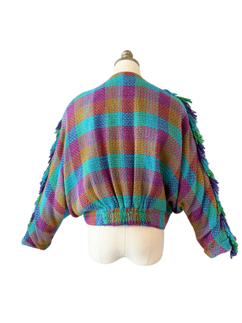 1980s Stijfselkissie by Marijke Benedict Colorful Tweed Cropped Blazer with Fringe