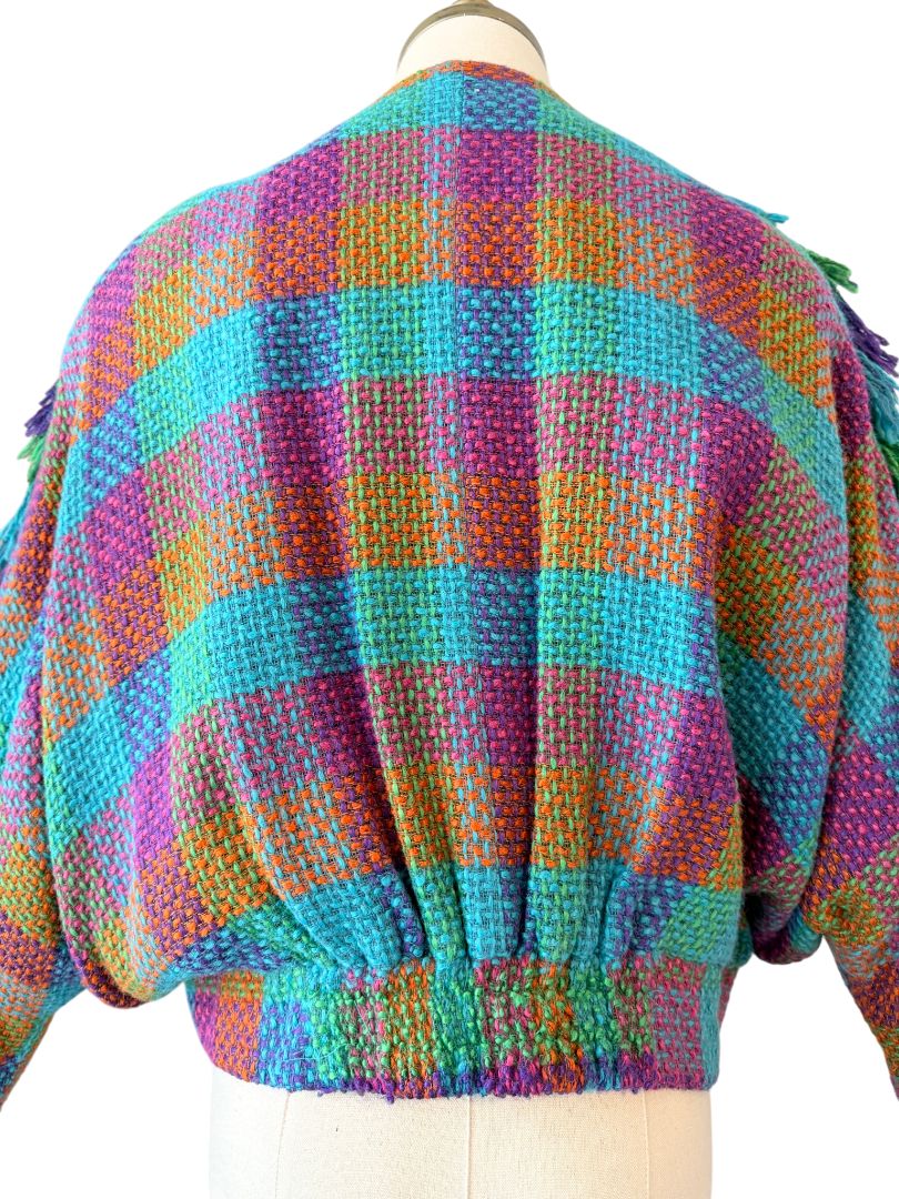 1980s Stijfselkissie by Marijke Benedict Colorful Tweed Cropped Blazer with Fringe