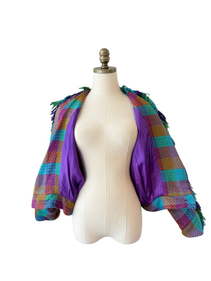 1980s Stijfselkissie by Marijke Benedict Colorful Tweed Cropped Blazer with Fringe