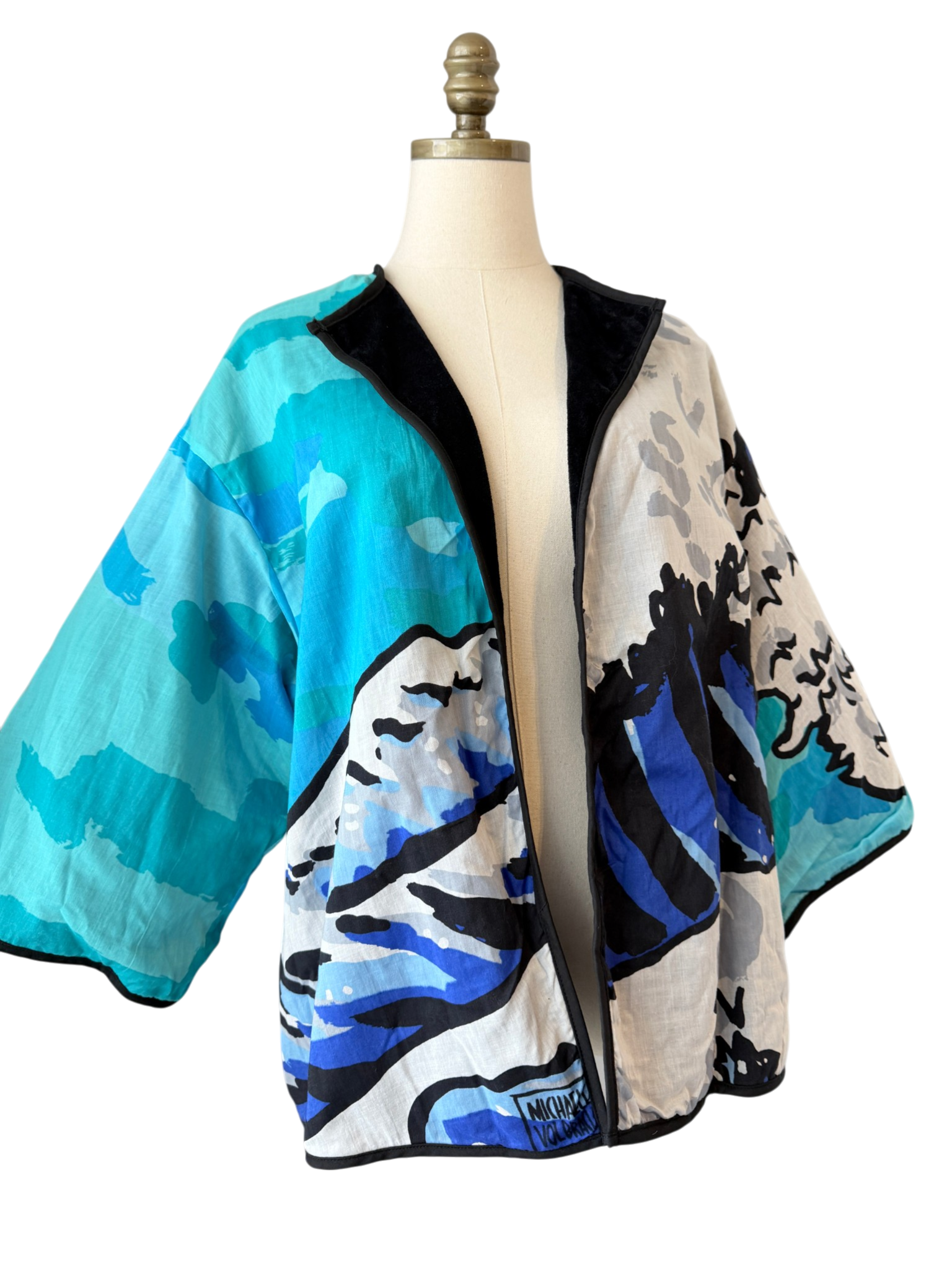 1970s Michaele Vollbracht cotton/terrycloth wearble art "wave" print open jacket