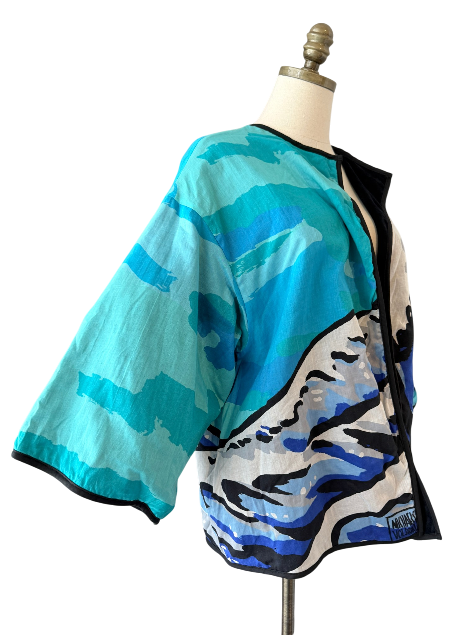 1970s Michaele Vollbracht cotton/terrycloth wearble art "wave" print open jacket