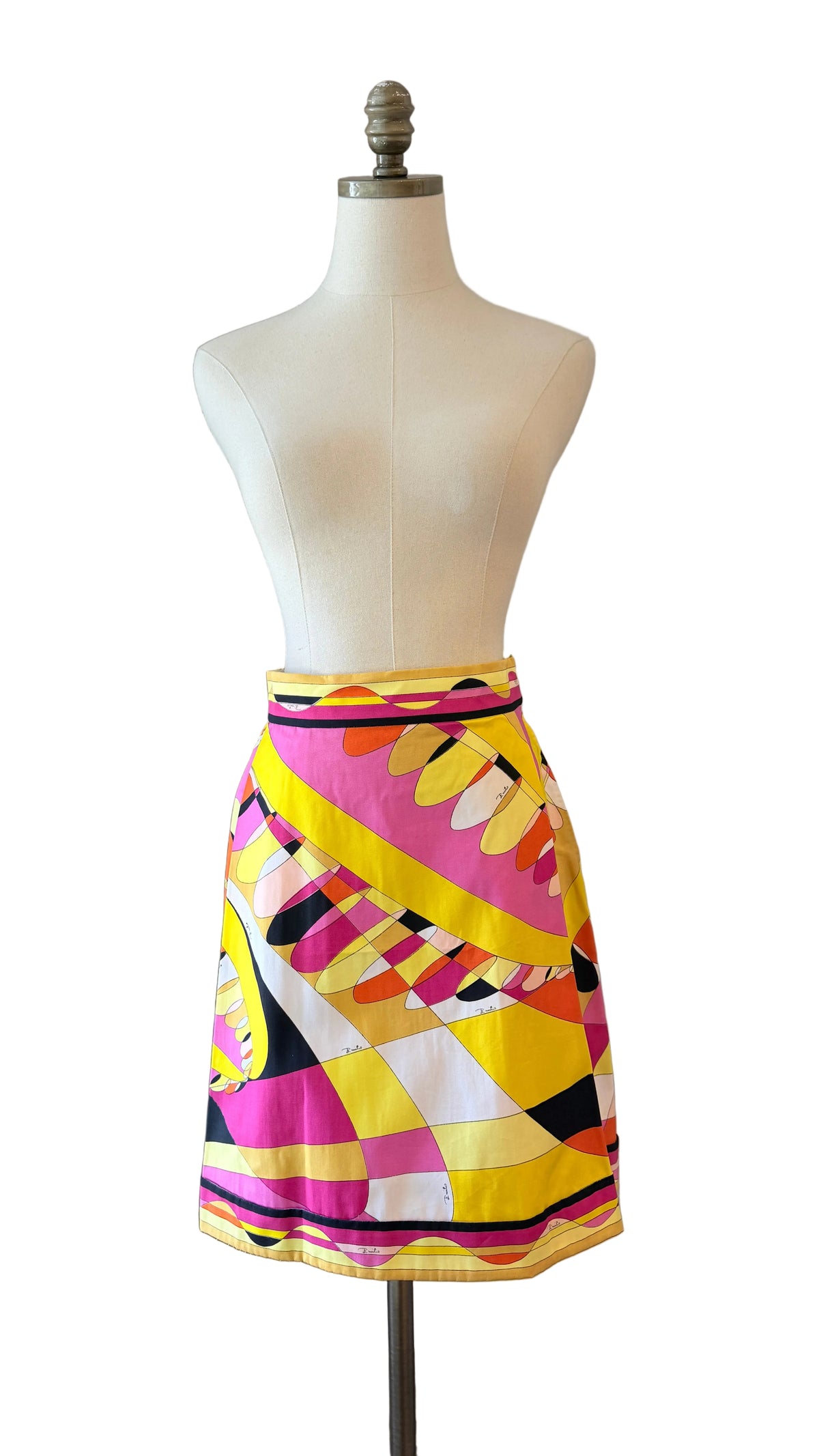 1960s Emilio Pucci Mini Skirt in Black, Yellow, Pink & Orange Mod Print