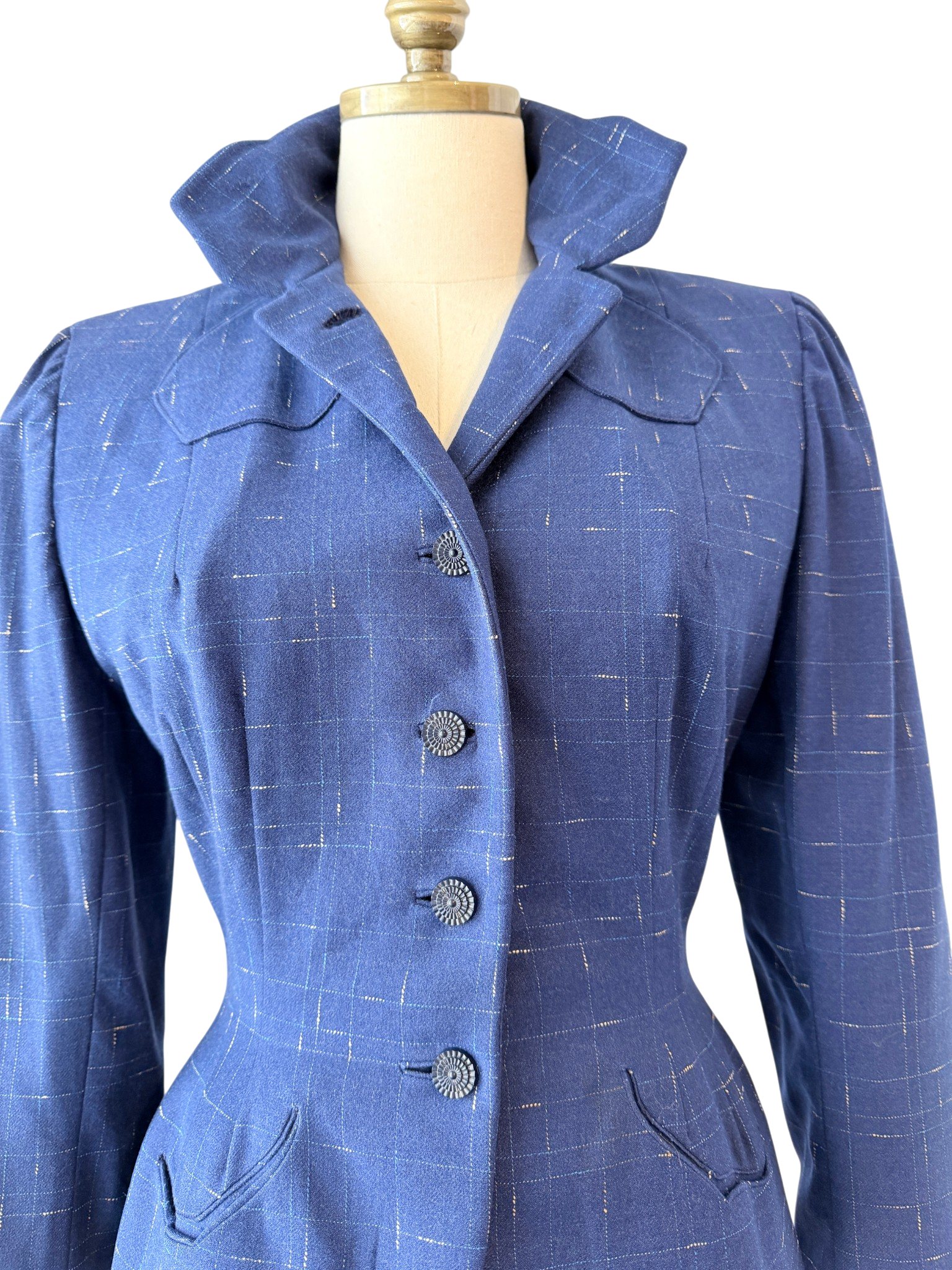 1940s Navy Wool Fitted Blazer with Decorative Collar and Hashmark Print
