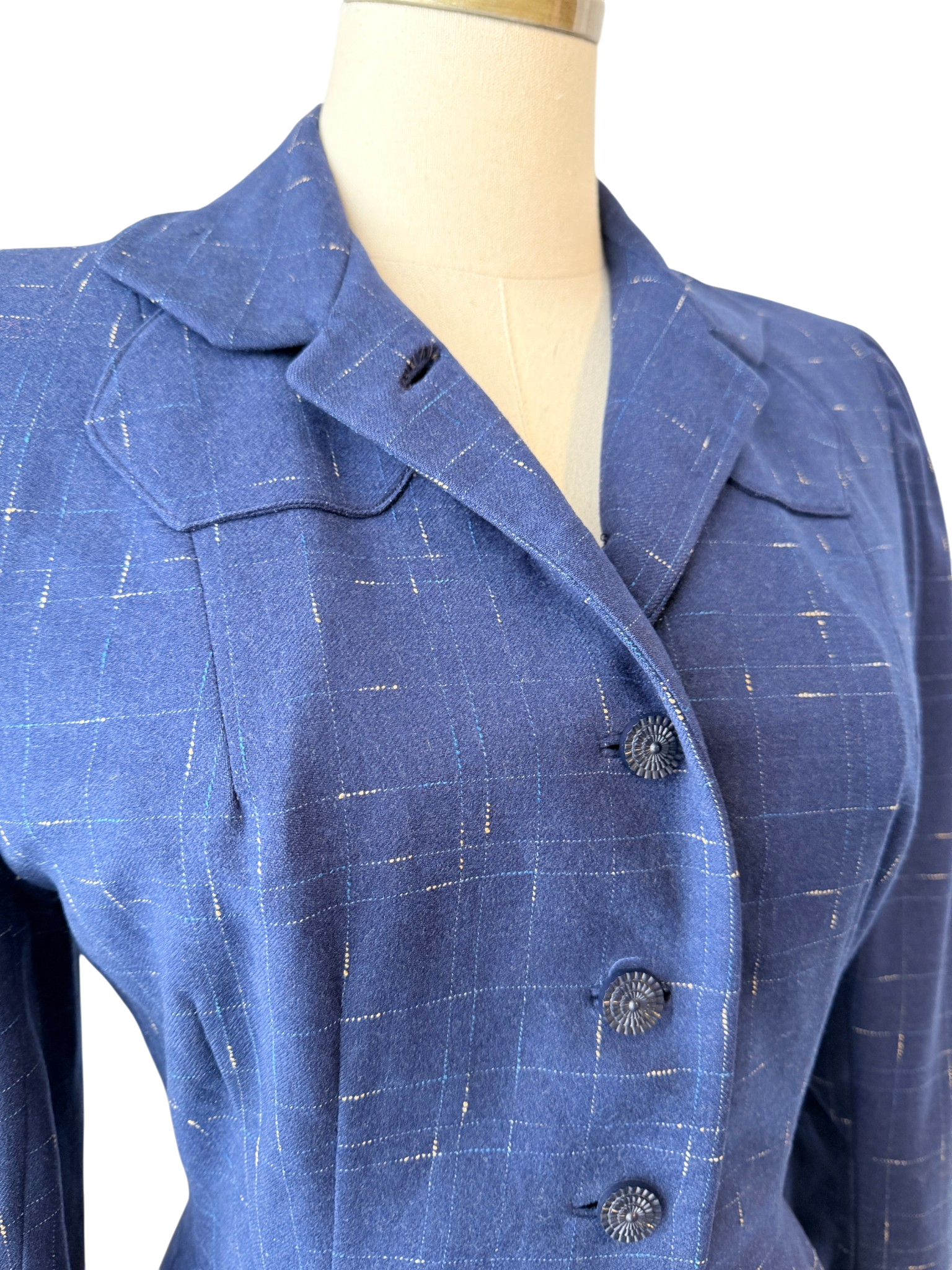 1940s Navy Wool Fitted Blazer with Decorative Collar and Hashmark Print