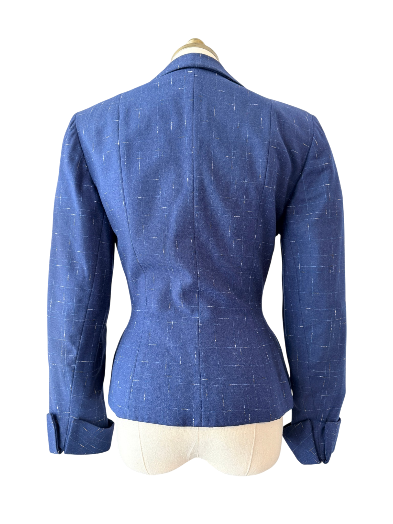 1940s Navy Wool Fitted Blazer with Decorative Collar and Hashmark Print